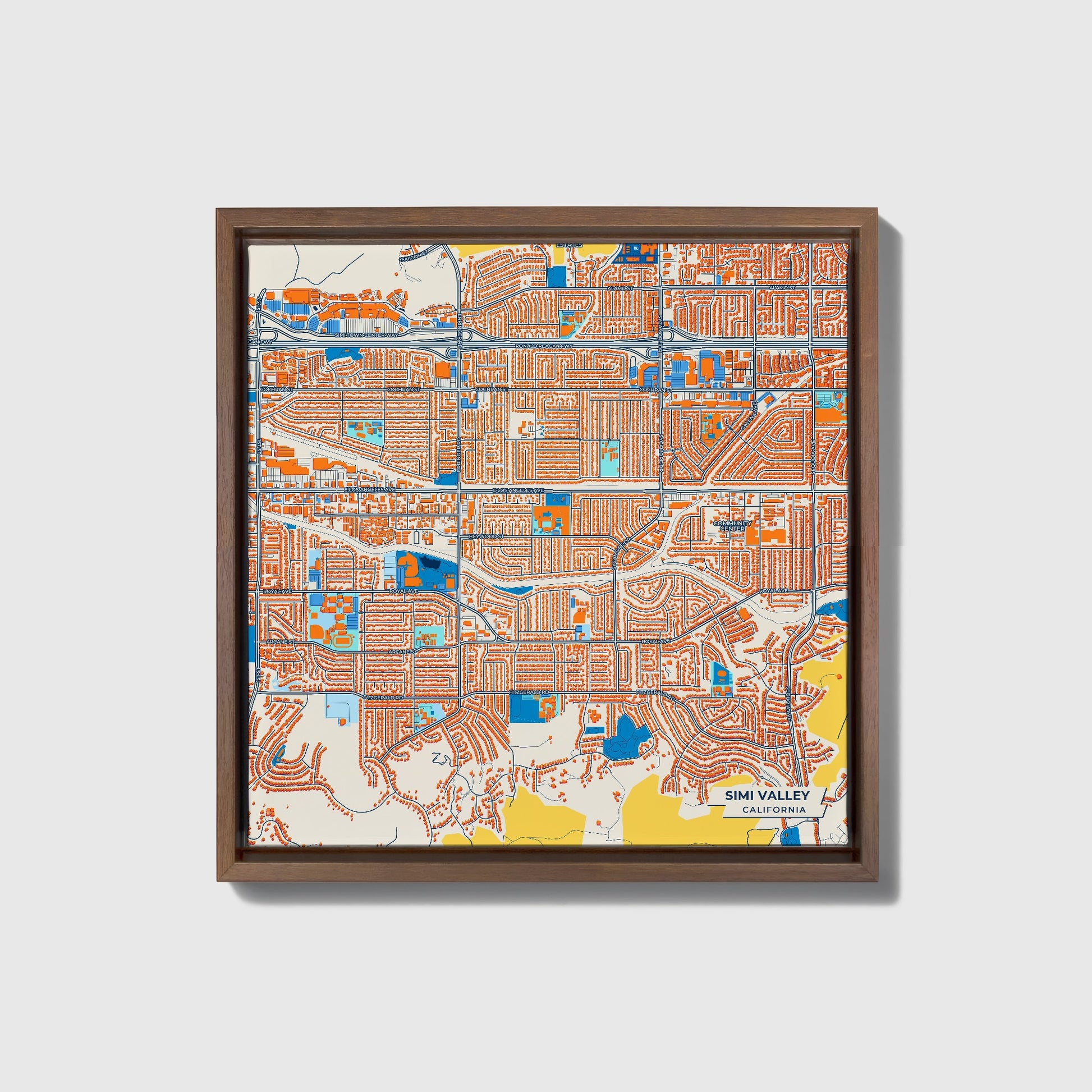Simi Valley California Colorful City Map Canvas Print • Dark Wooden Framed