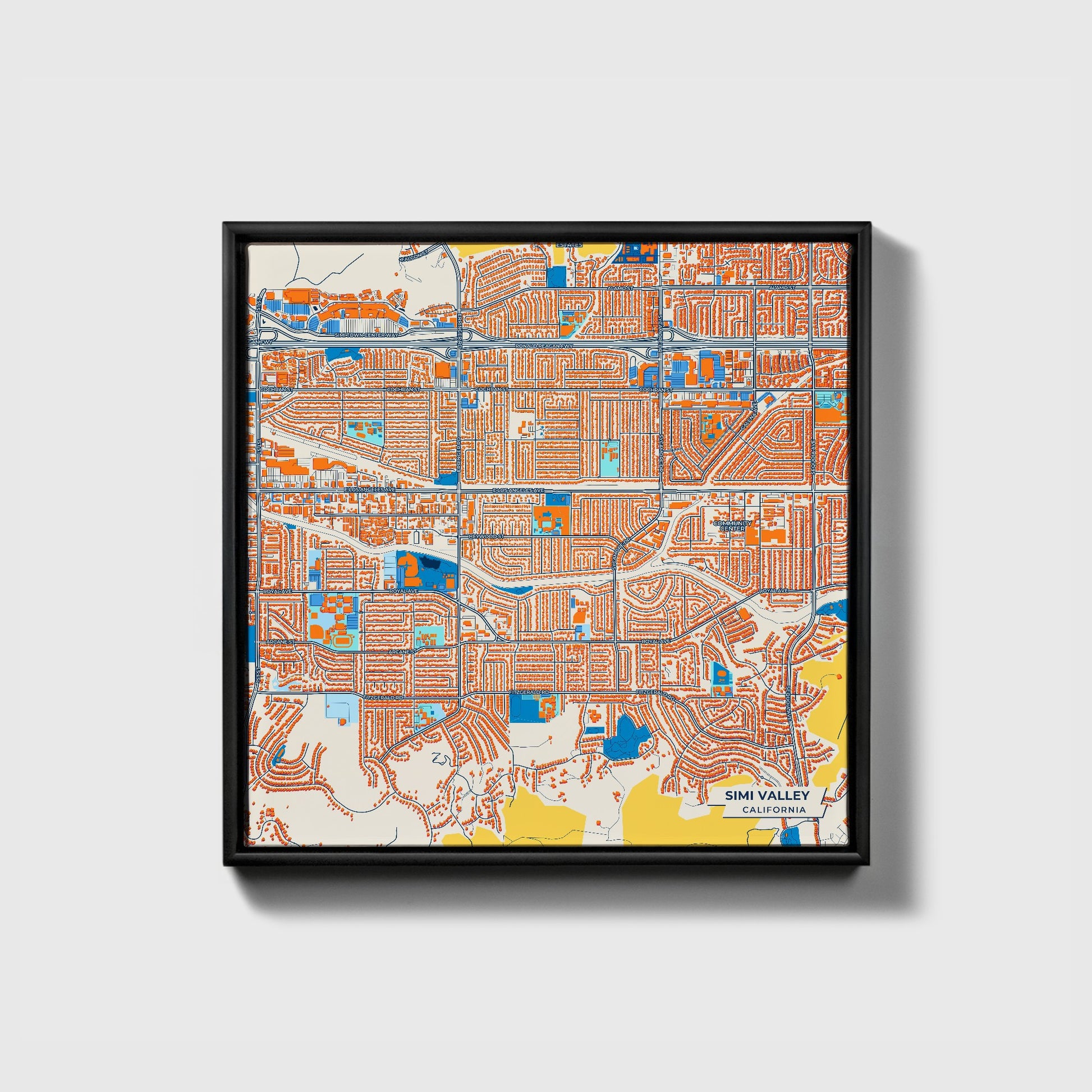 Simi Valley California Colorful City Map Canvas Print • Black Framed