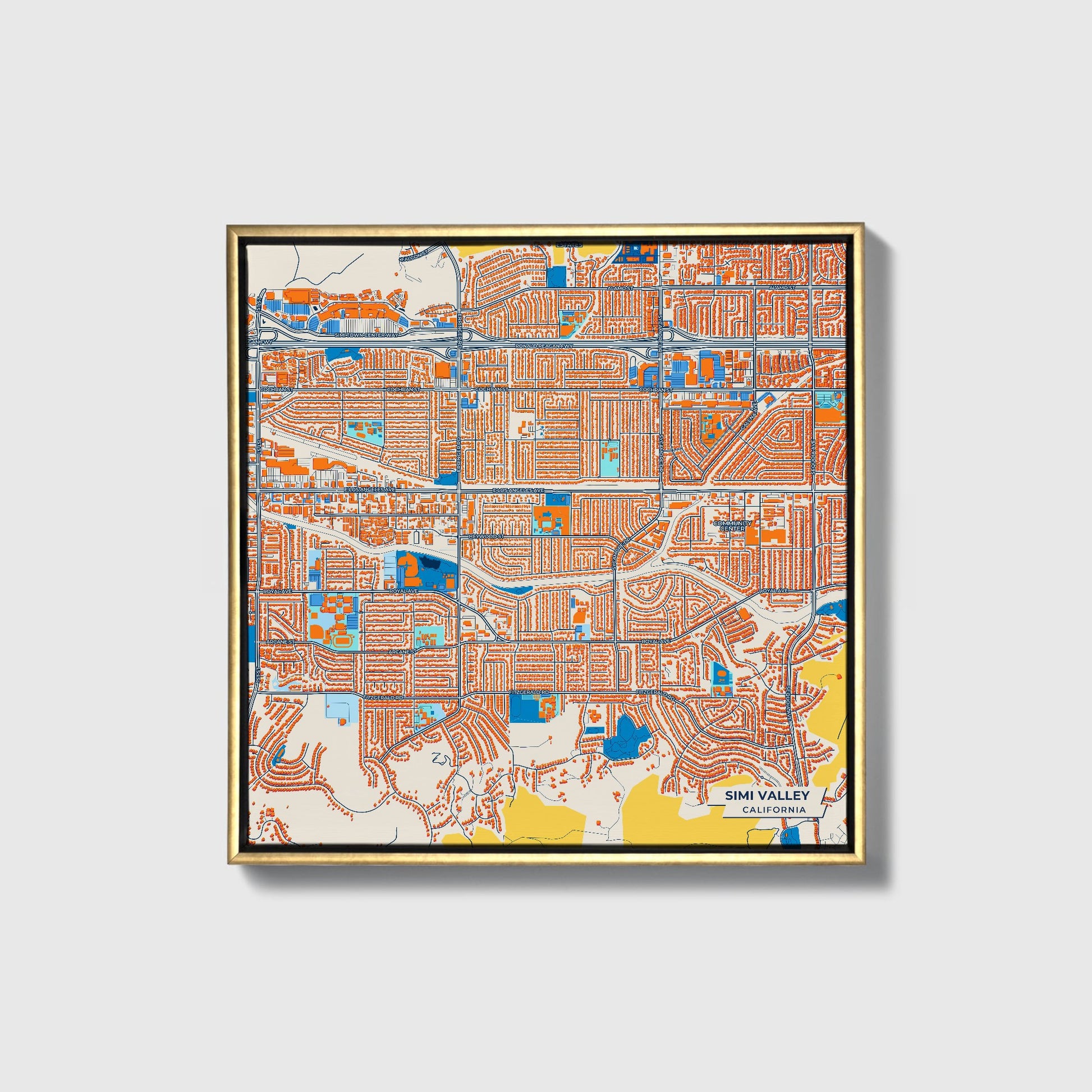 Simi Valley California Colorful City Map Canvas Print • Gold Framed