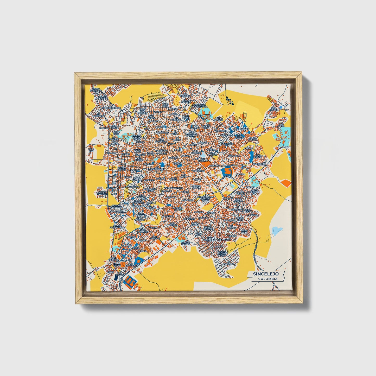 Sincelejo Colombia Colorful City Map Canvas Print • Natural Wooden Framed