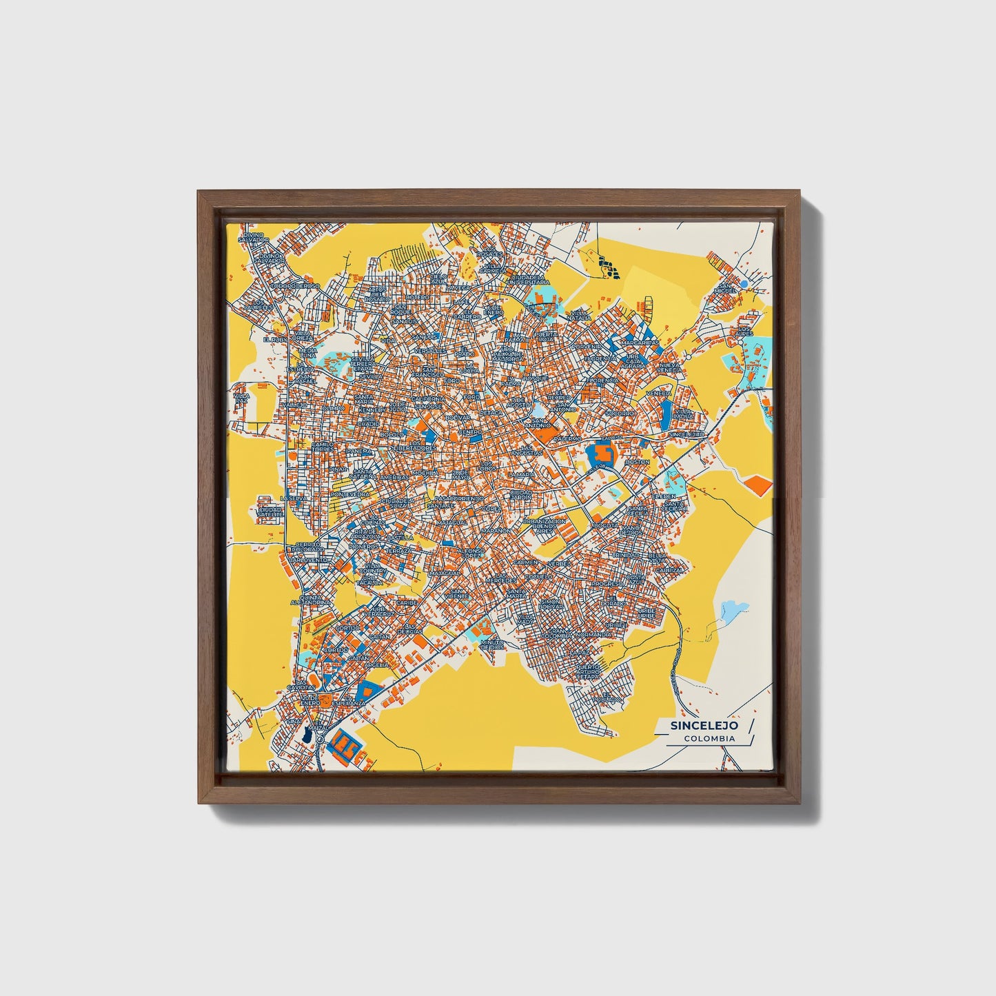 Sincelejo Colombia Colorful City Map Canvas Print • Dark Wooden Framed