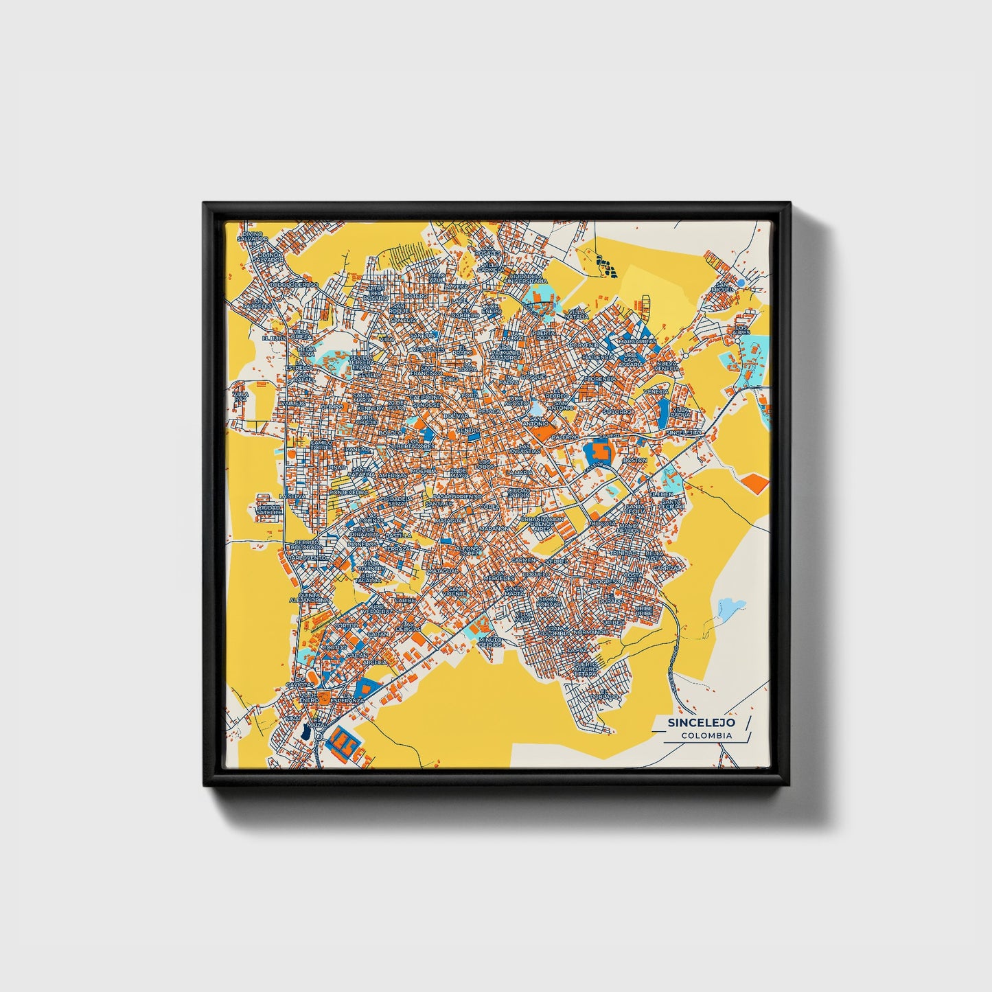 Sincelejo Colombia Colorful City Map Canvas Print • Black Framed