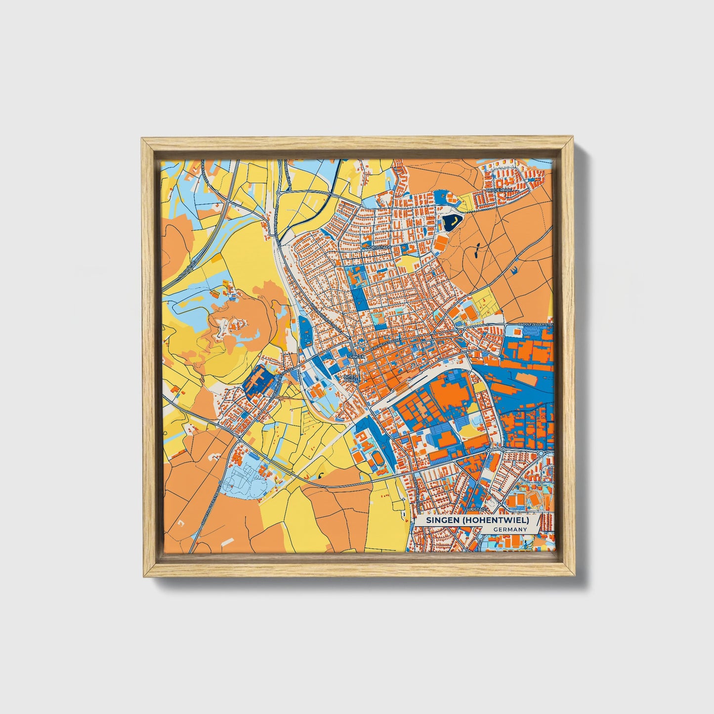 Singen (Hohentwiel) Germany Colorful City Map Canvas Print • Natural Wooden Framed