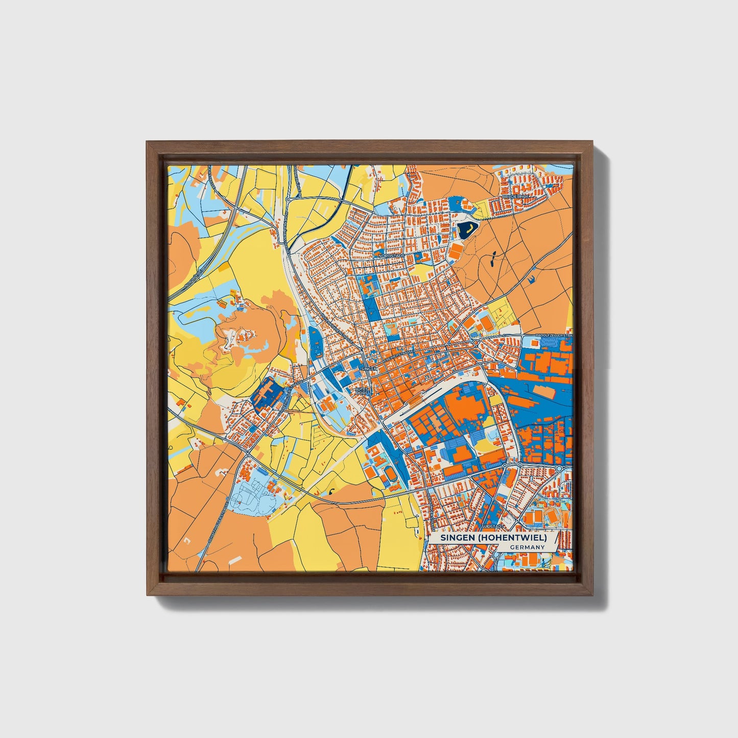 Singen (Hohentwiel) Germany Colorful City Map Canvas Print • Dark Wooden Framed