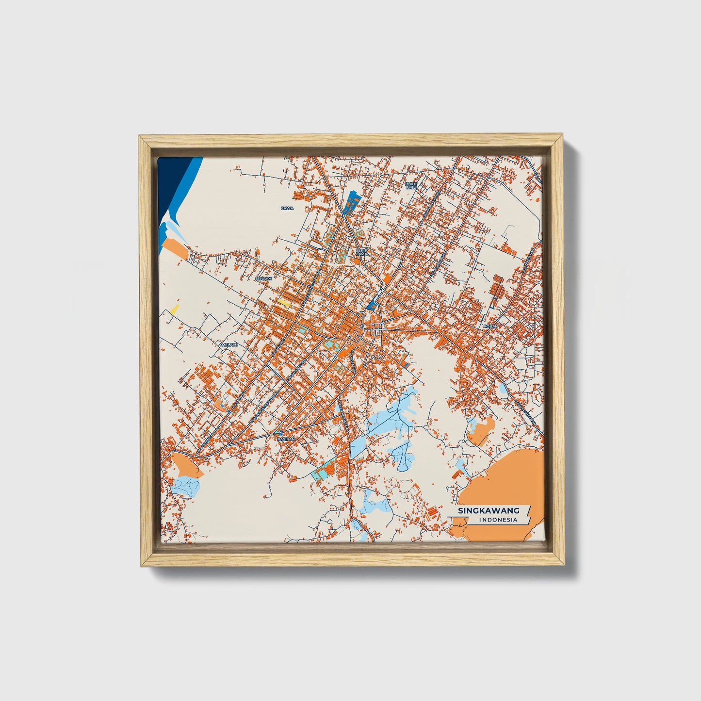 Singkawang Indonesia Colorful City Map Canvas Print • Natural Wooden Framed