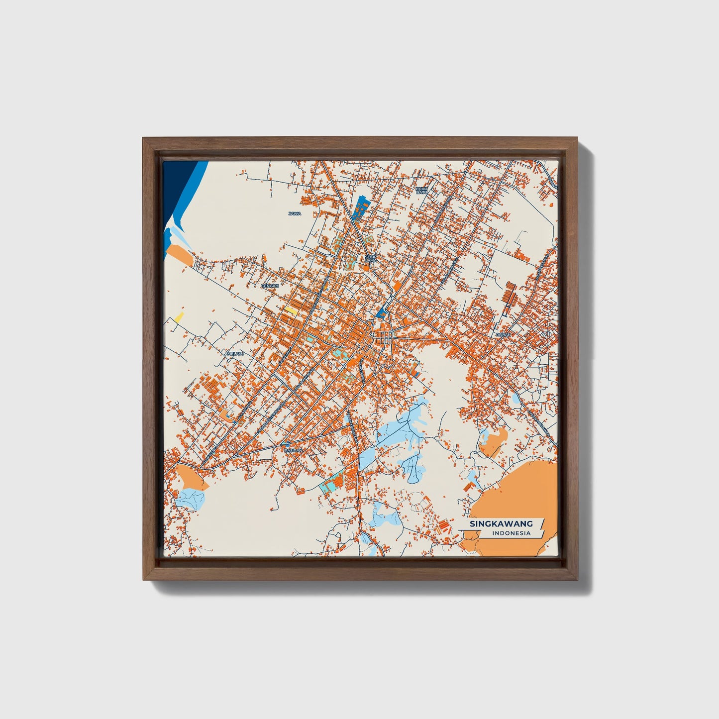 Singkawang Indonesia Colorful City Map Canvas Print • Dark Wooden Framed