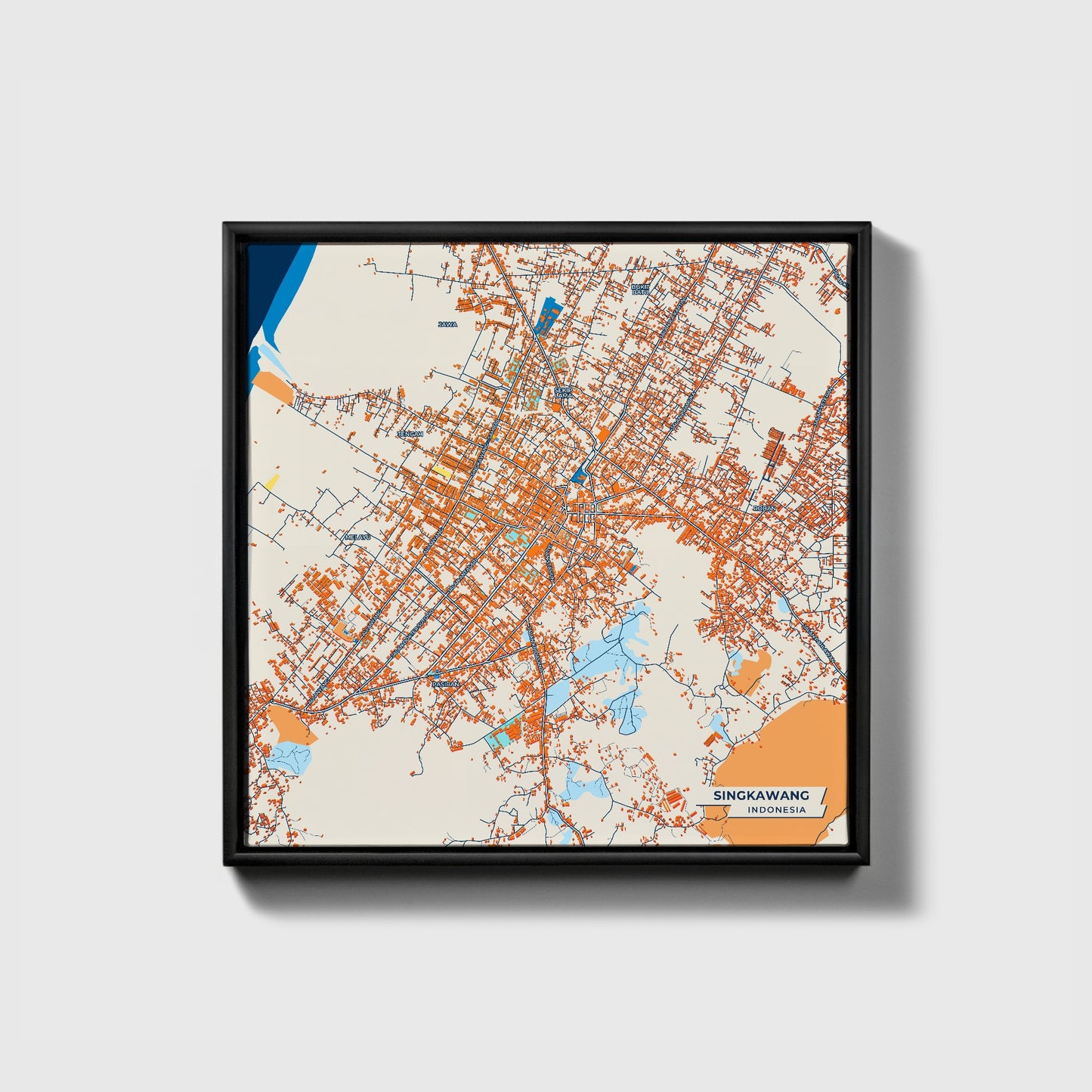Singkawang Indonesia Colorful City Map Canvas Print • Black Framed