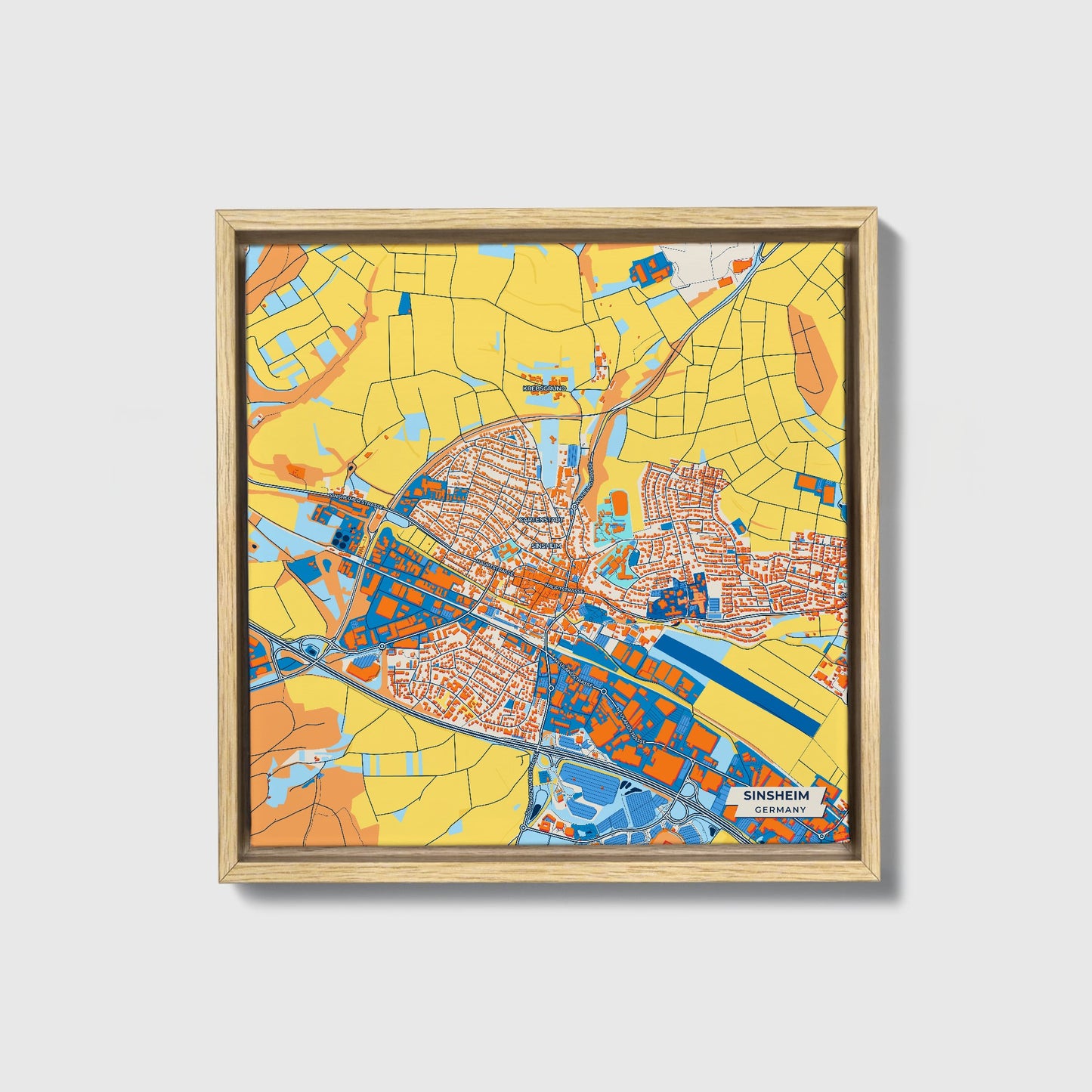 Sinsheim Germany Colorful City Map Canvas Print • Natural Wooden Framed