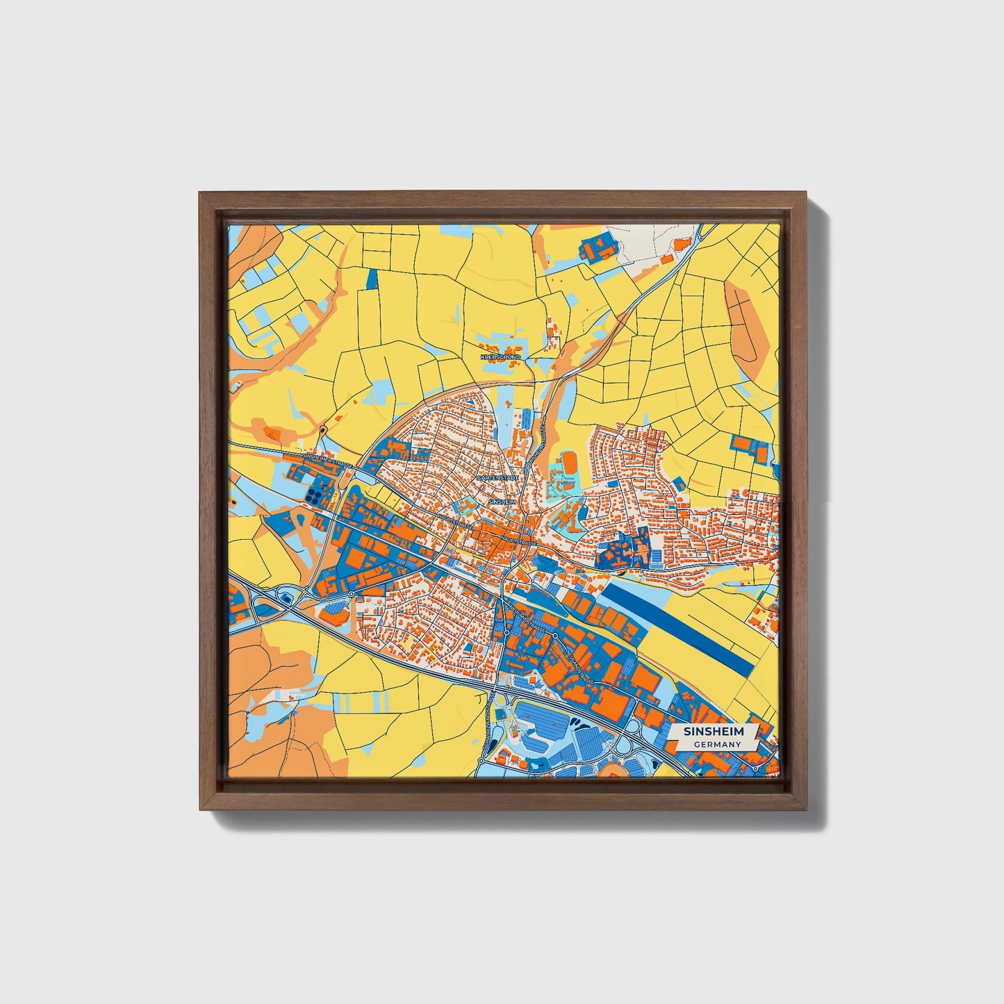 Sinsheim Germany Colorful City Map Canvas Print • Dark Wooden Framed