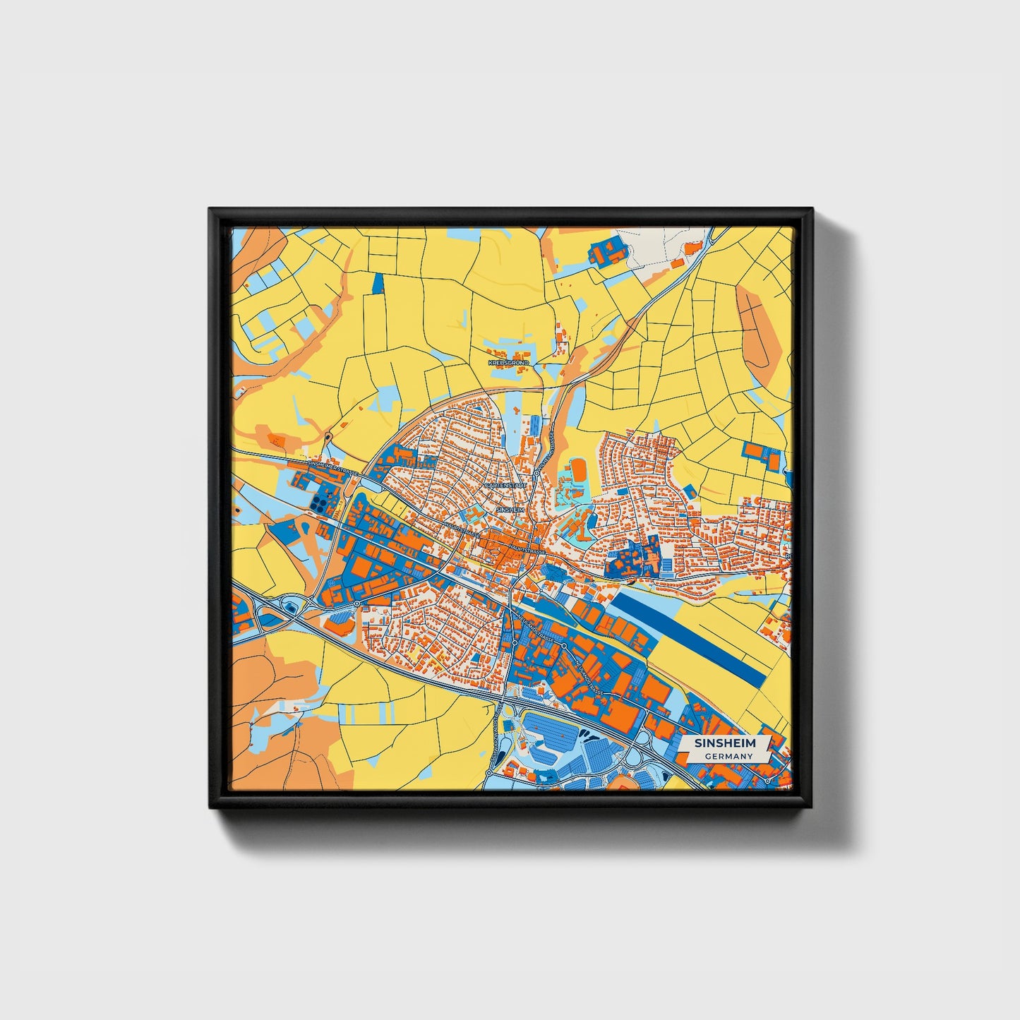 Sinsheim Germany Colorful City Map Canvas Print • Black Framed
