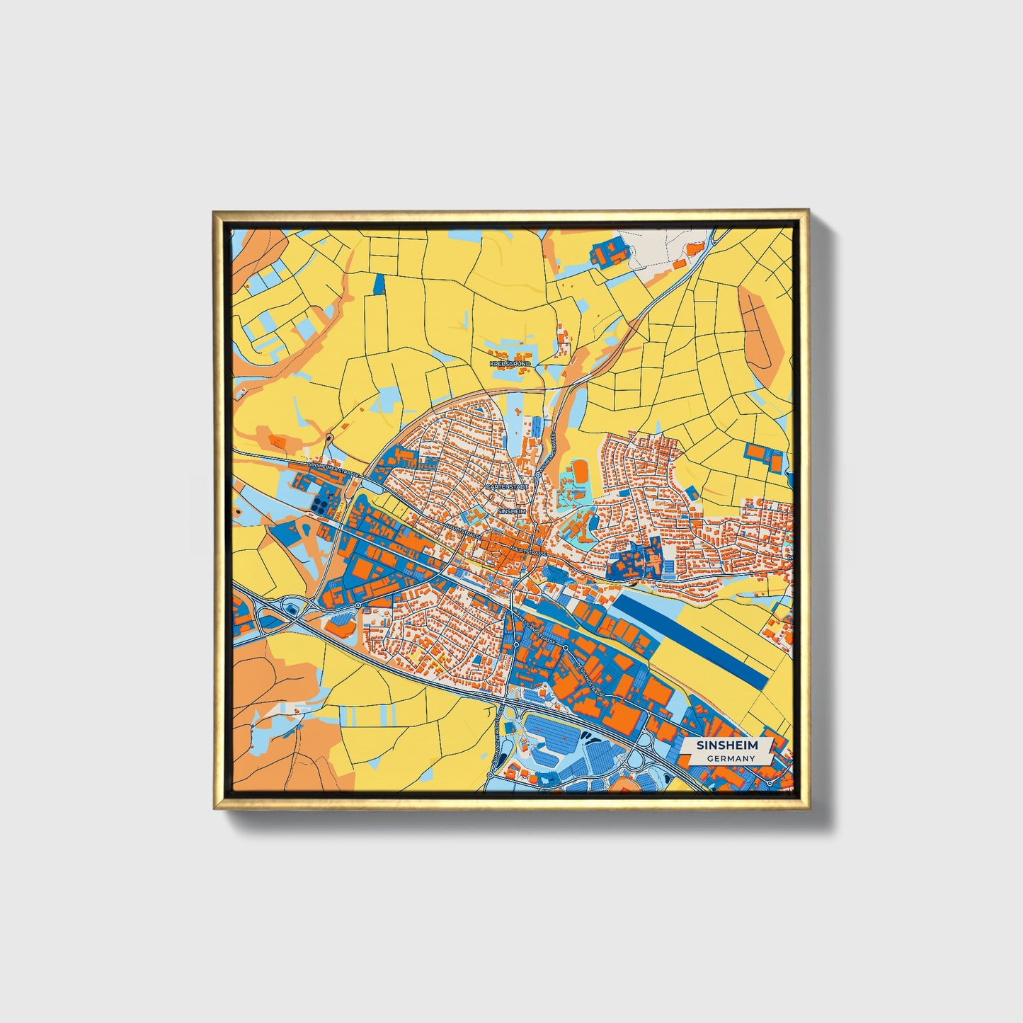 Sinsheim Germany Colorful City Map Canvas Print • Gold Framed