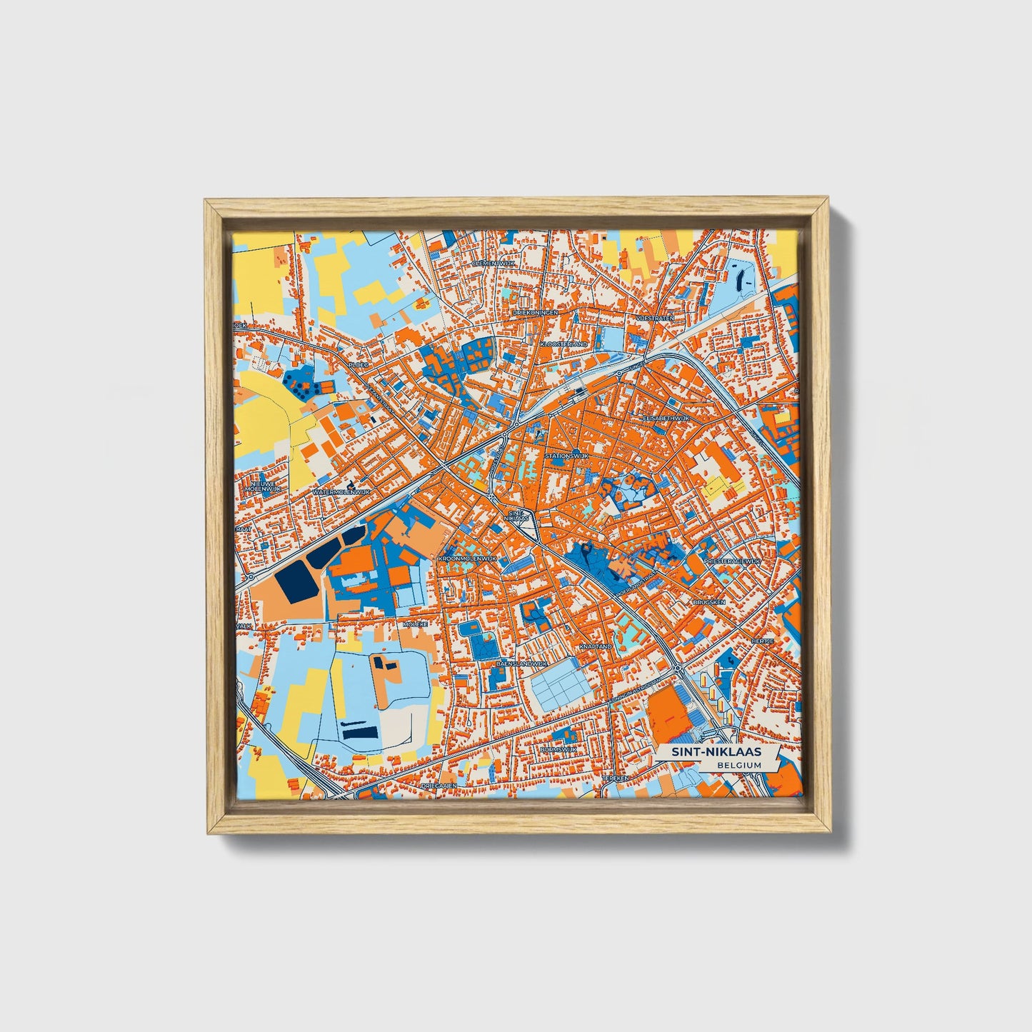 Sint-Niklaas  Belgium Colorful City Map Canvas Print • Natural Wooden Framed