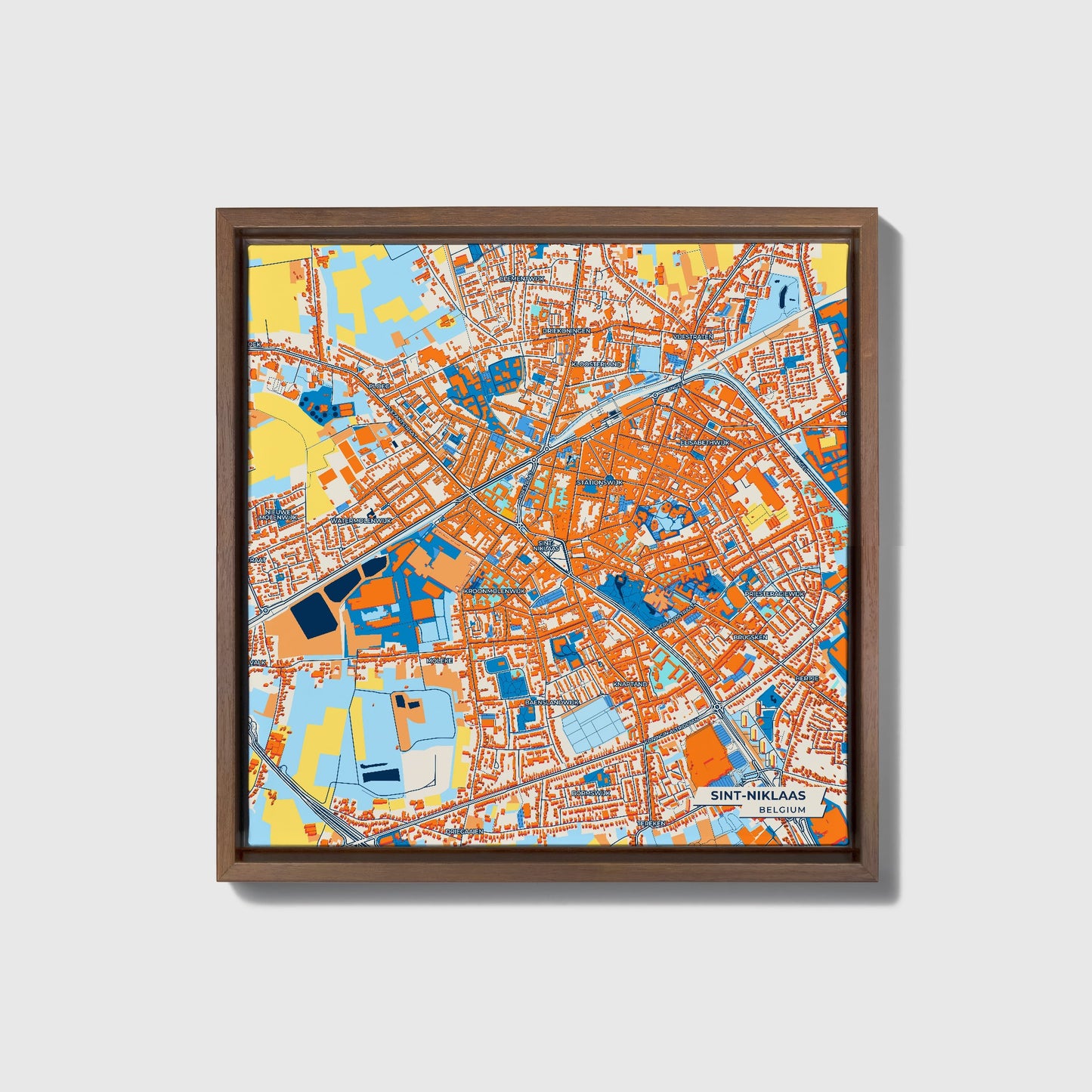 Sint-Niklaas  Belgium Colorful City Map Canvas Print • Dark Wooden Framed