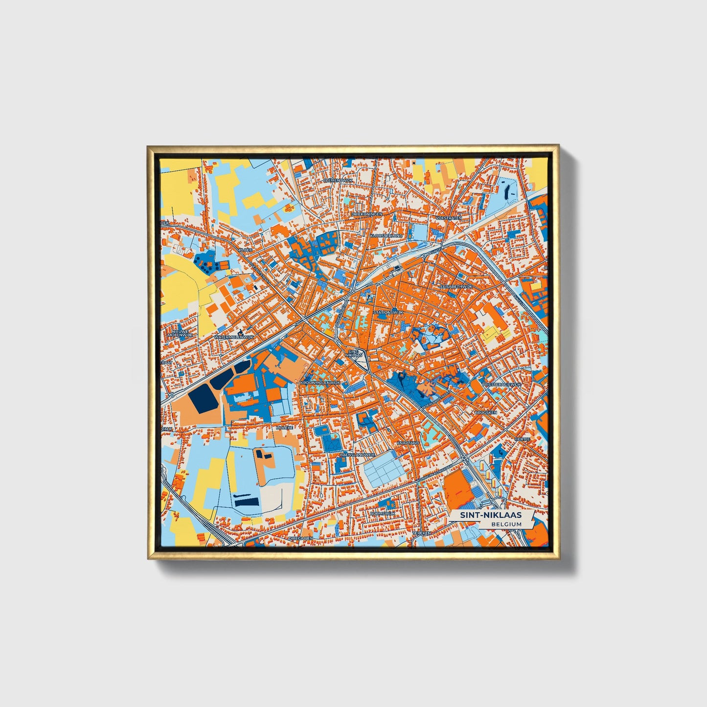 Sint-Niklaas  Belgium Colorful City Map Canvas Print • Gold Framed
