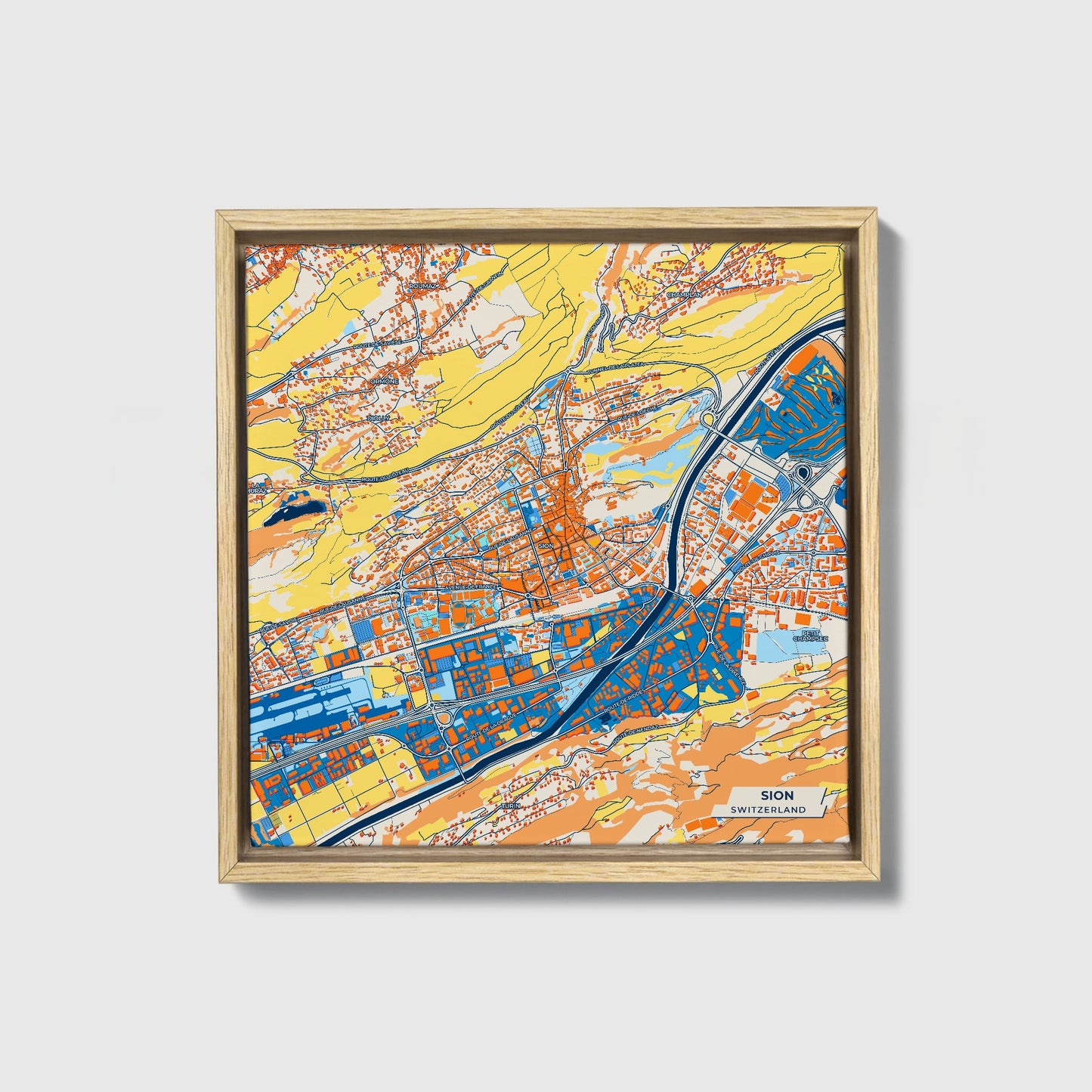 Sion Switzerland Colorful City Map Canvas Print • Natural Wooden Framed
