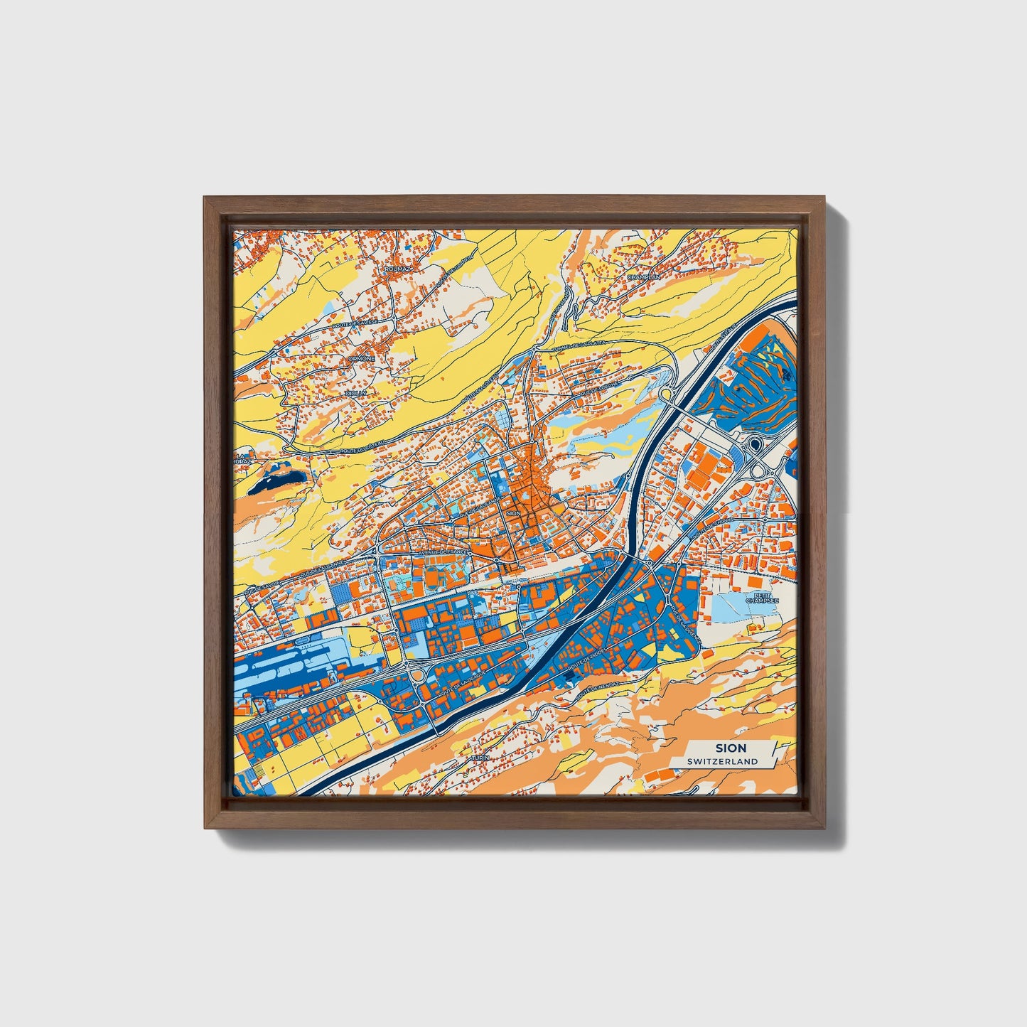 Sion Switzerland Colorful City Map Canvas Print • Dark Wooden Framed