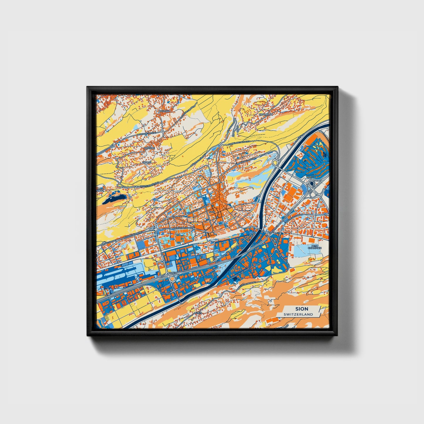 Sion Switzerland Colorful City Map Canvas Print • Black Framed