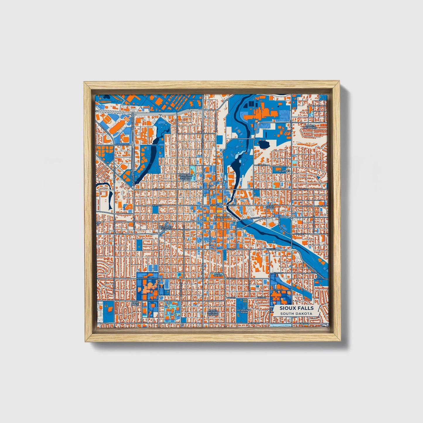 Sioux Falls South Dakota Colorful City Map Canvas Print • Natural Wooden Framed