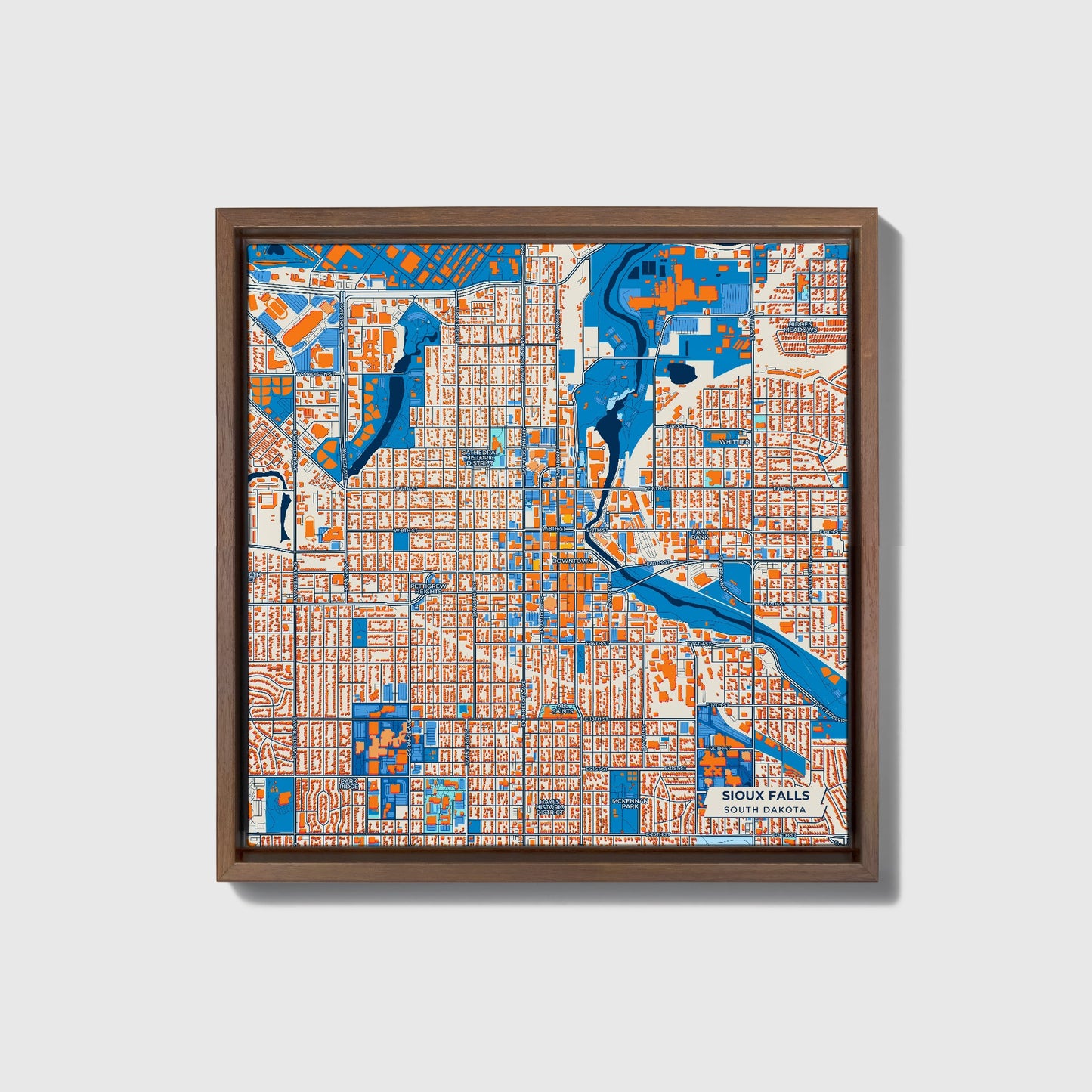Sioux Falls South Dakota Colorful City Map Canvas Print • Dark Wooden Framed