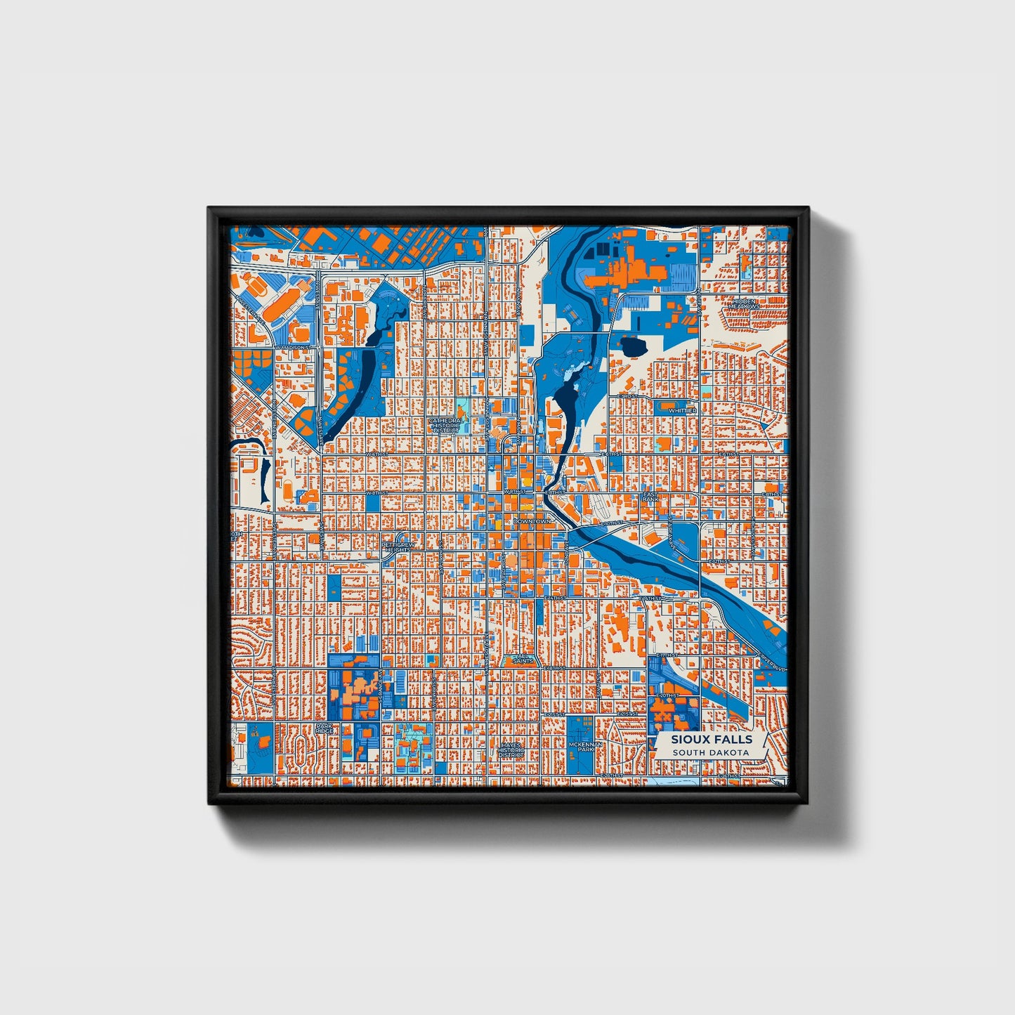 Sioux Falls South Dakota Colorful City Map Canvas Print • Black Framed