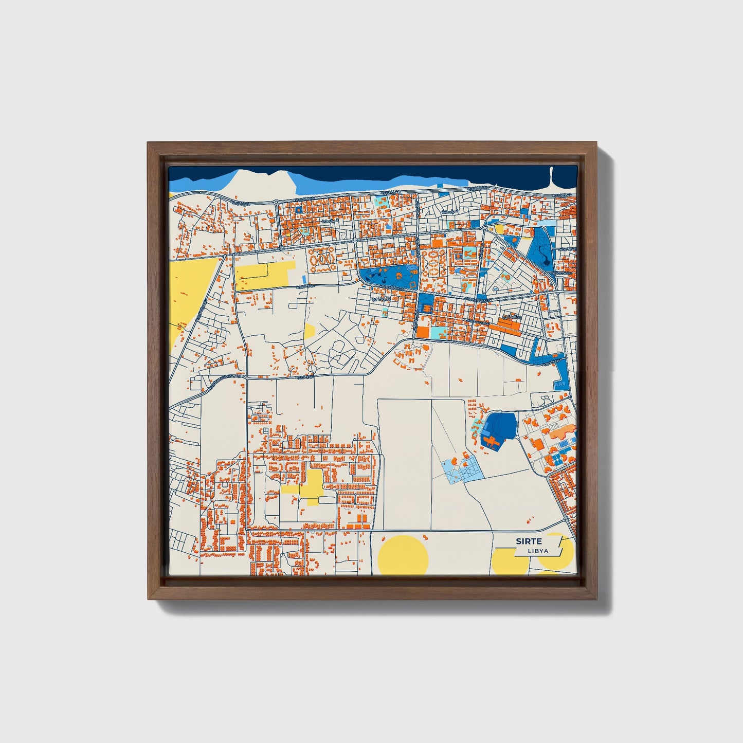 Sirte Libya Colorful City Map Canvas Print • Dark Wooden Framed