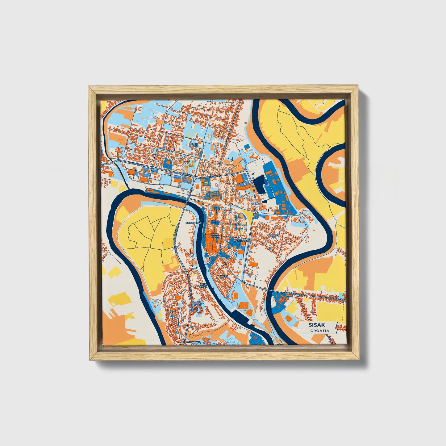 Sisak Croatia Colorful City Map Canvas Print • Natural Wooden Framed