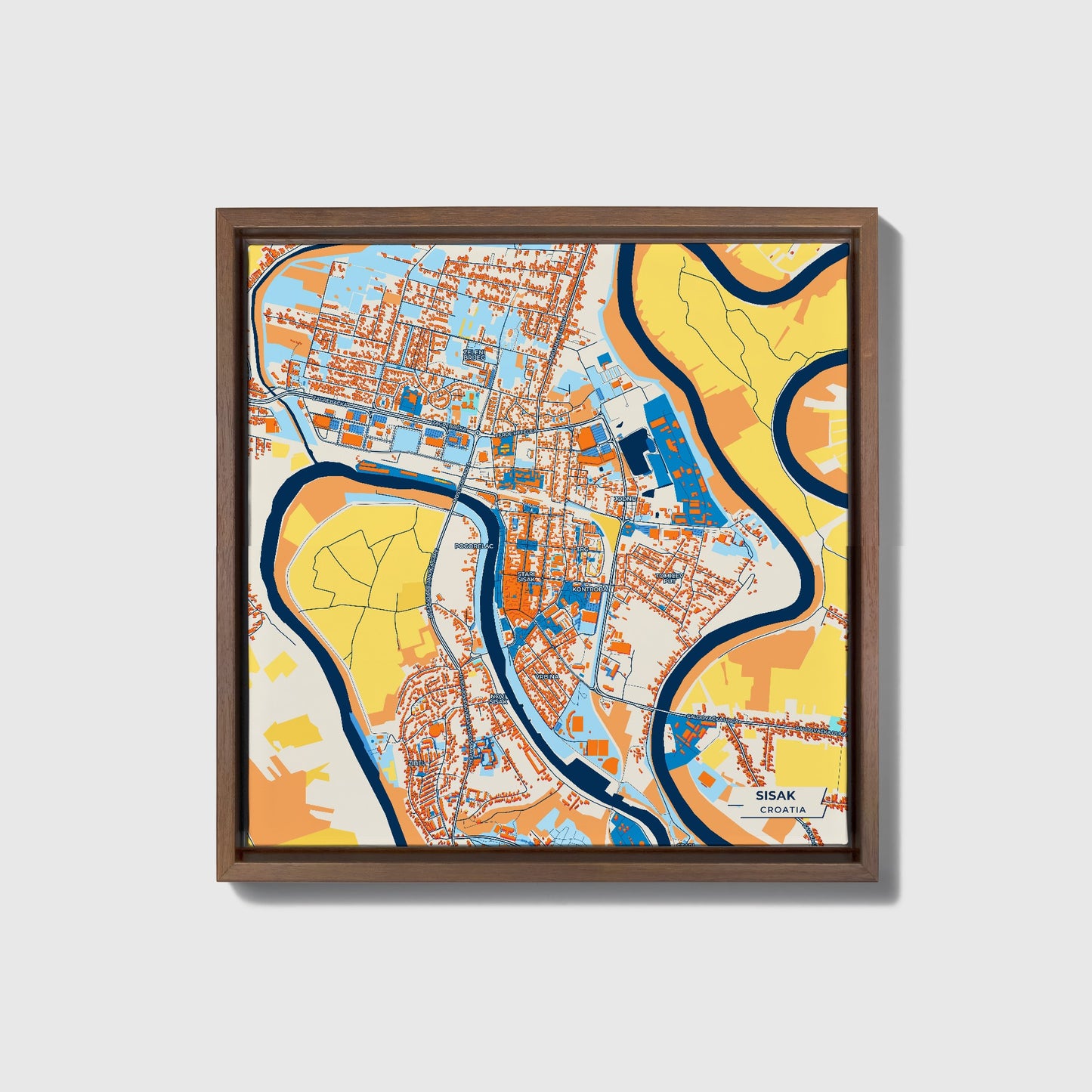 Sisak Croatia Colorful City Map Canvas Print • Dark Wooden Framed