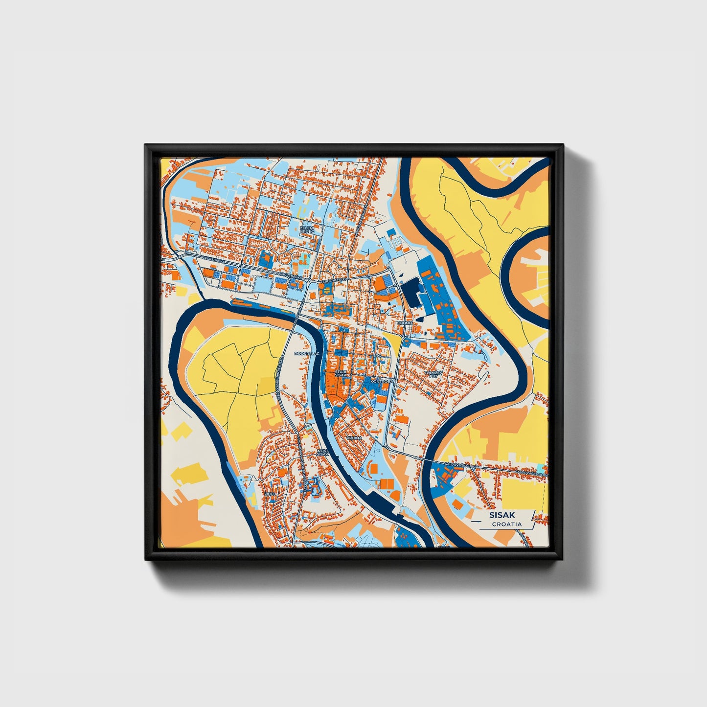 Sisak Croatia Colorful City Map Canvas Print • Black Framed