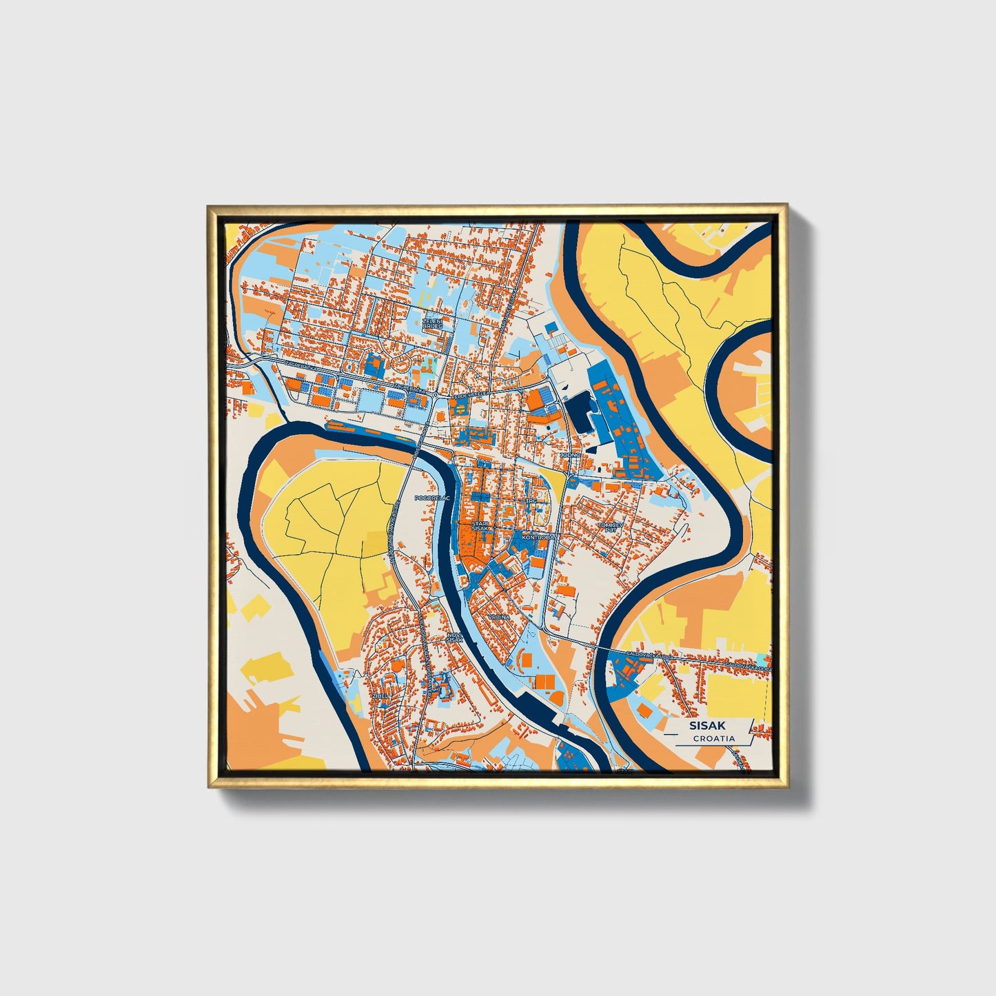 Sisak Croatia Colorful City Map Canvas Print • Gold Framed