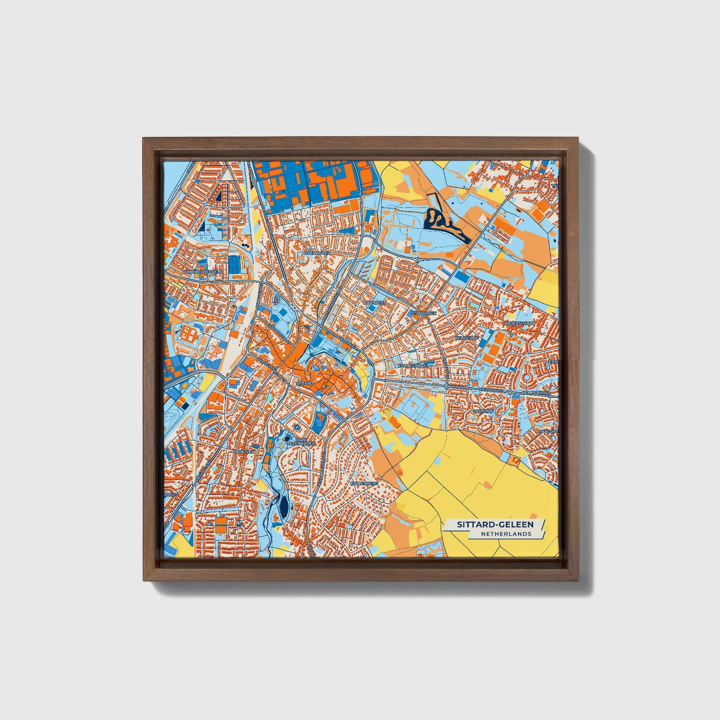 Sittard-Geleen Netherlands Colorful City Map Canvas Print • Dark Wooden Framed