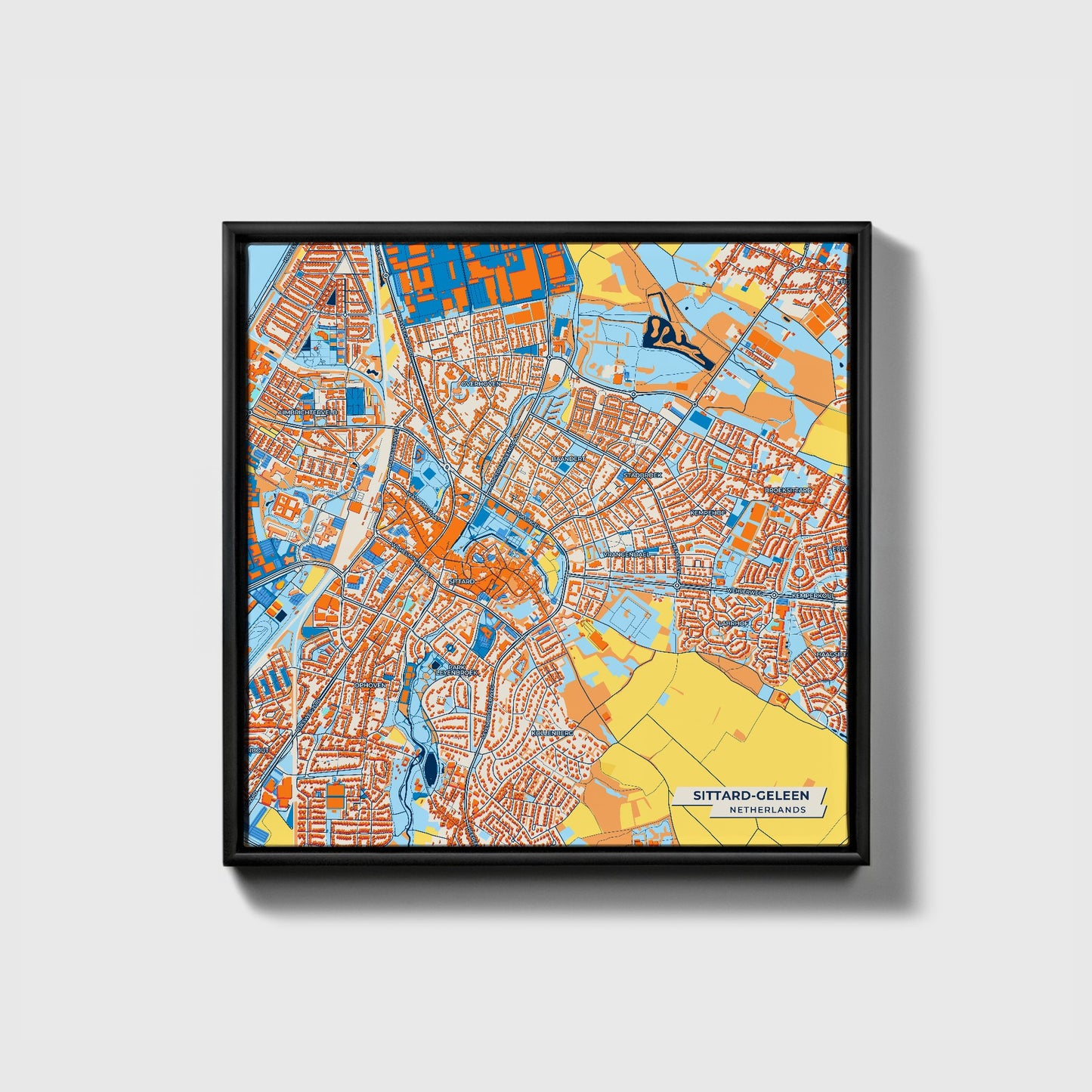 Sittard-Geleen Netherlands Colorful City Map Canvas Print • Black Framed