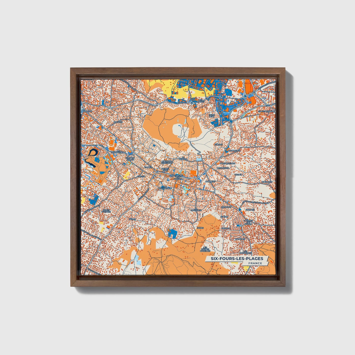 Six-Fours-Les-Plages France Colorful City Map Canvas Print • Dark Wooden Framed