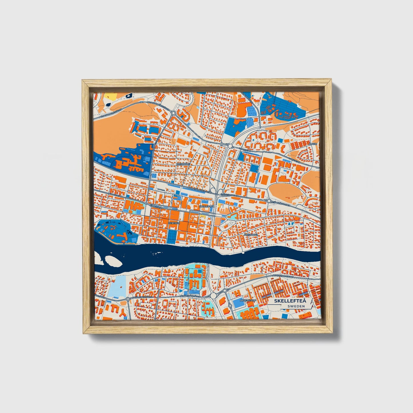 Skellefteå Sweden Colorful City Map Canvas Print • Natural Wooden Framed