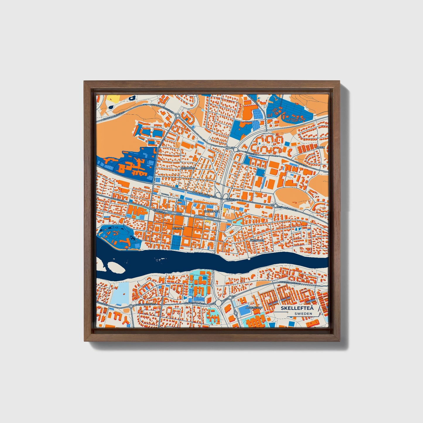 Skellefteå Sweden Colorful City Map Canvas Print • Dark Wooden Framed