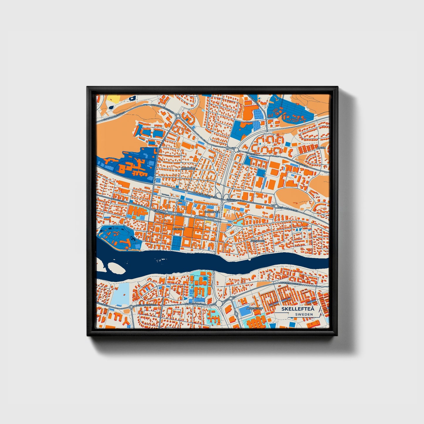 Skellefteå Sweden Colorful City Map Canvas Print • Black Framed