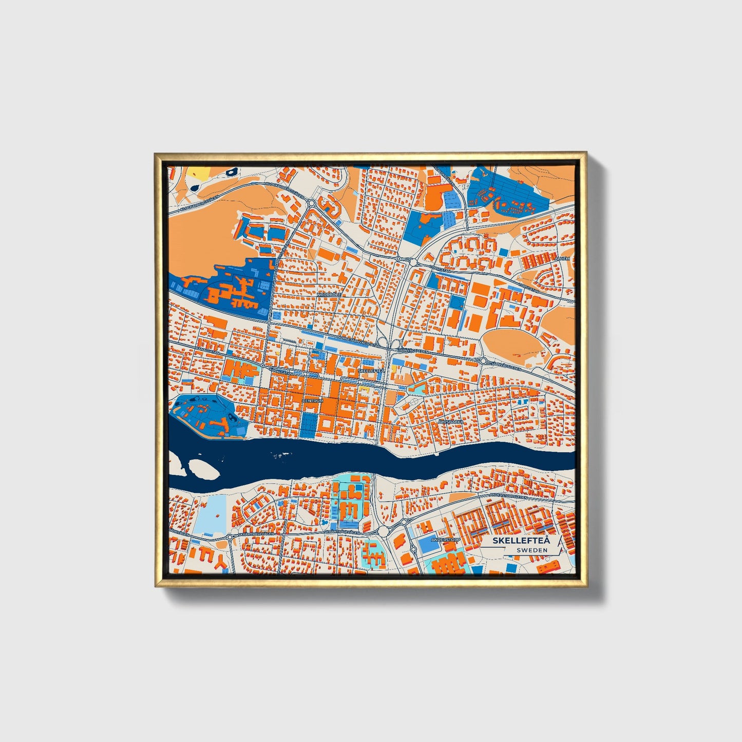 Skellefteå Sweden Colorful City Map Canvas Print • Gold Framed