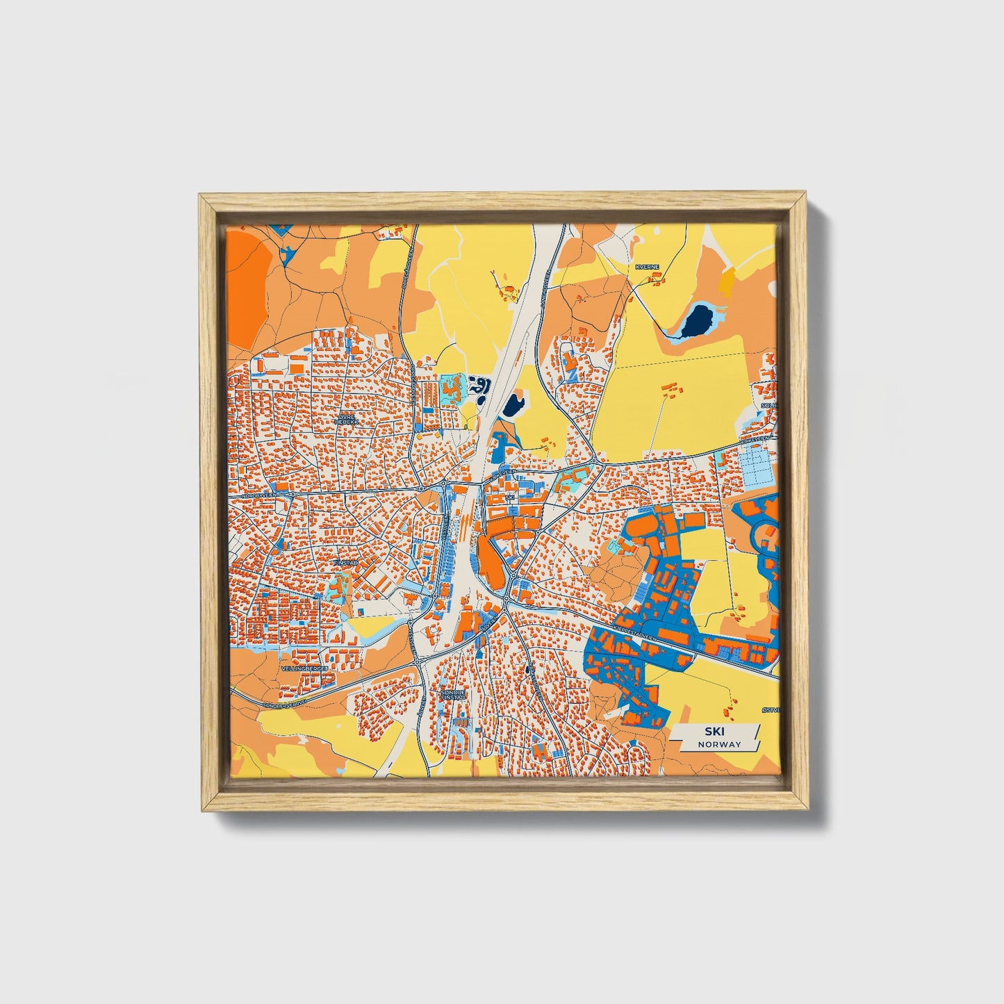 Ski Norway Colorful City Map Canvas Print • Natural Wooden Framed