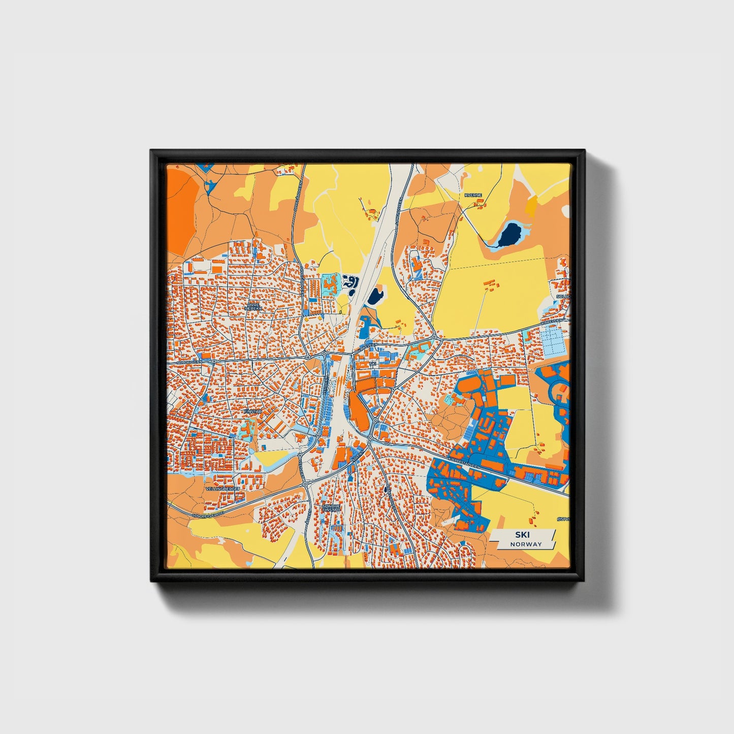 Ski Norway Colorful City Map Canvas Print • Black Framed