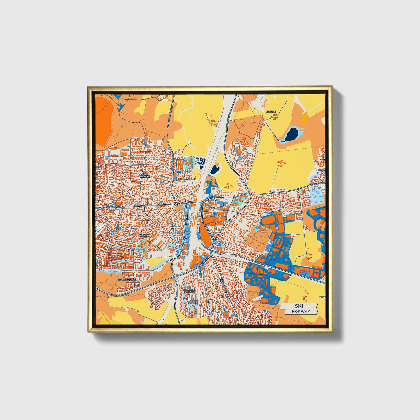 Ski Norway Colorful City Map Canvas Print • Gold Framed