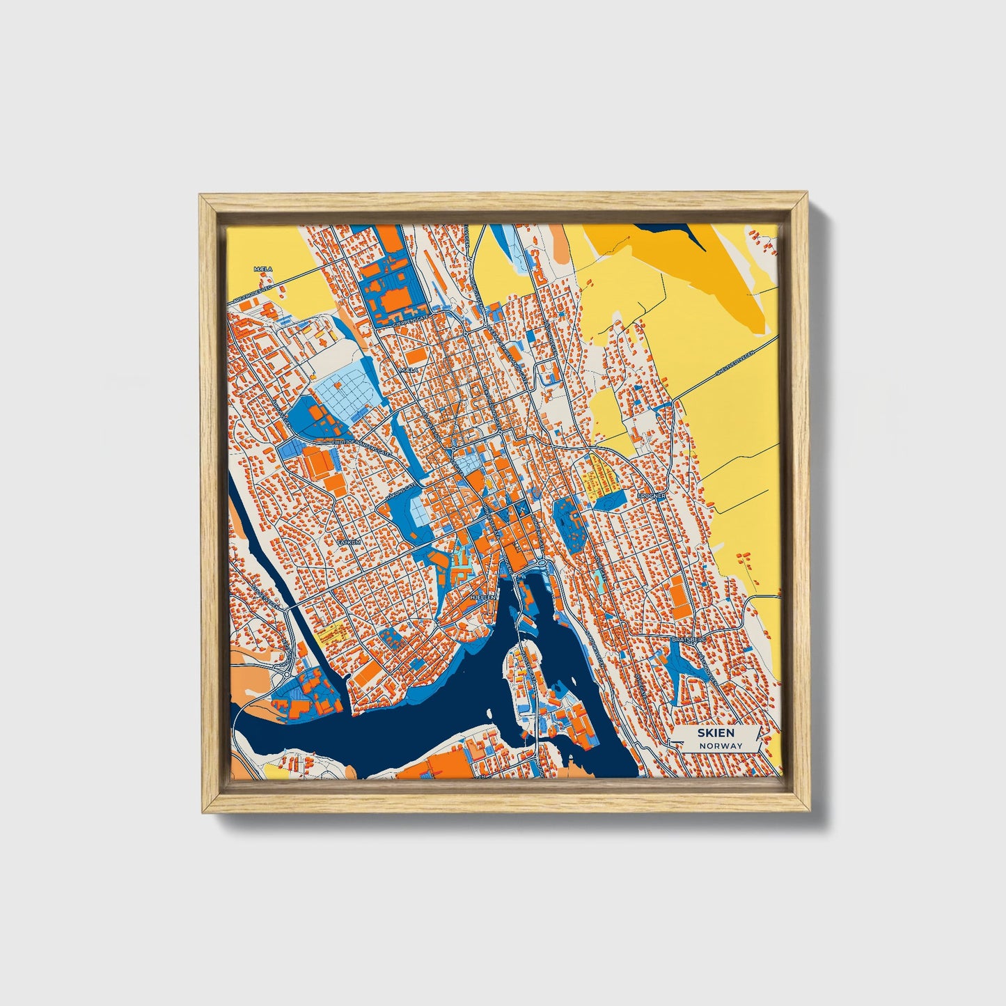 Skien Norway Colorful City Map Canvas Print • Natural Wooden Framed