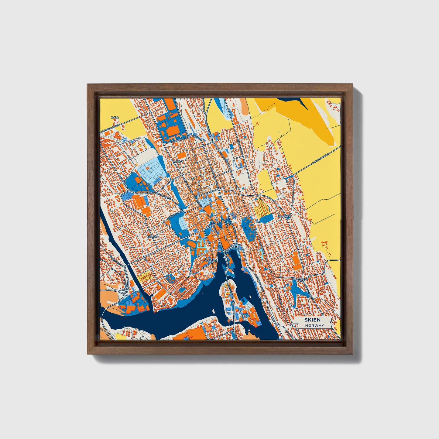 Skien Norway Colorful City Map Canvas Print • Dark Wooden Framed