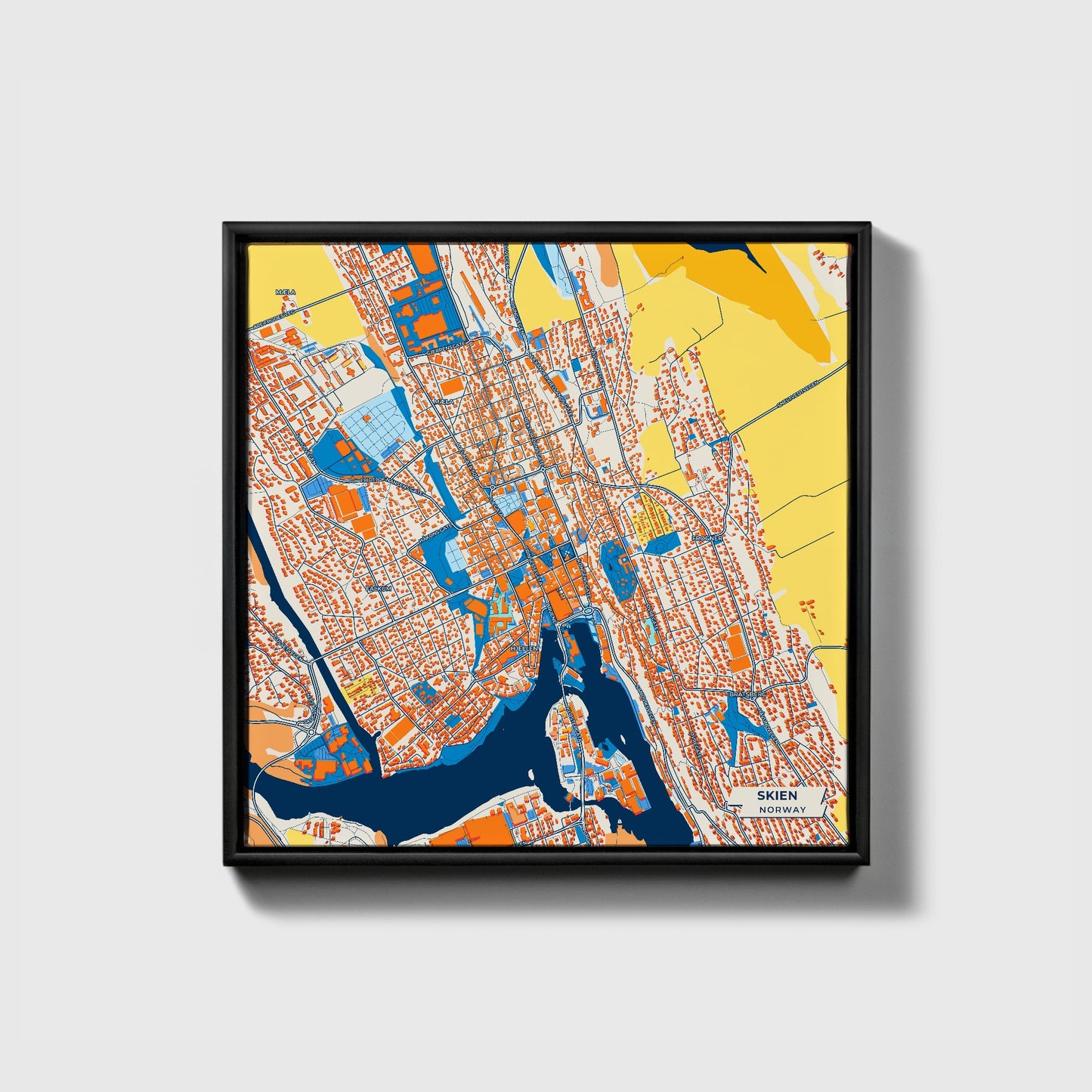 Skien Norway Colorful City Map Canvas Print • Black Framed