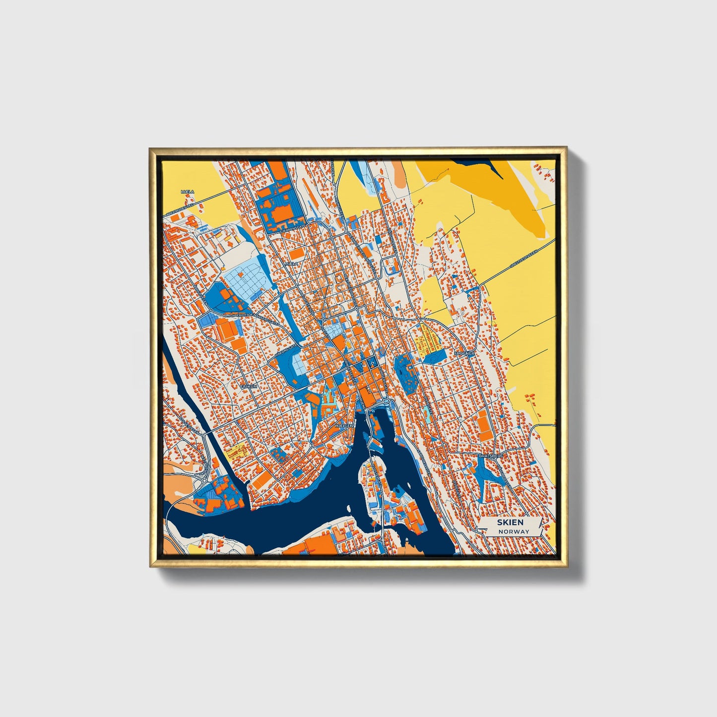 Skien Norway Colorful City Map Canvas Print • Gold Framed