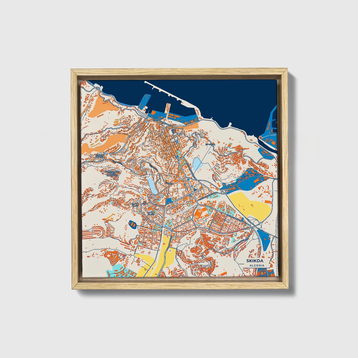 Skikda Algeria Colorful City Map Canvas Print • Natural Wooden Framed