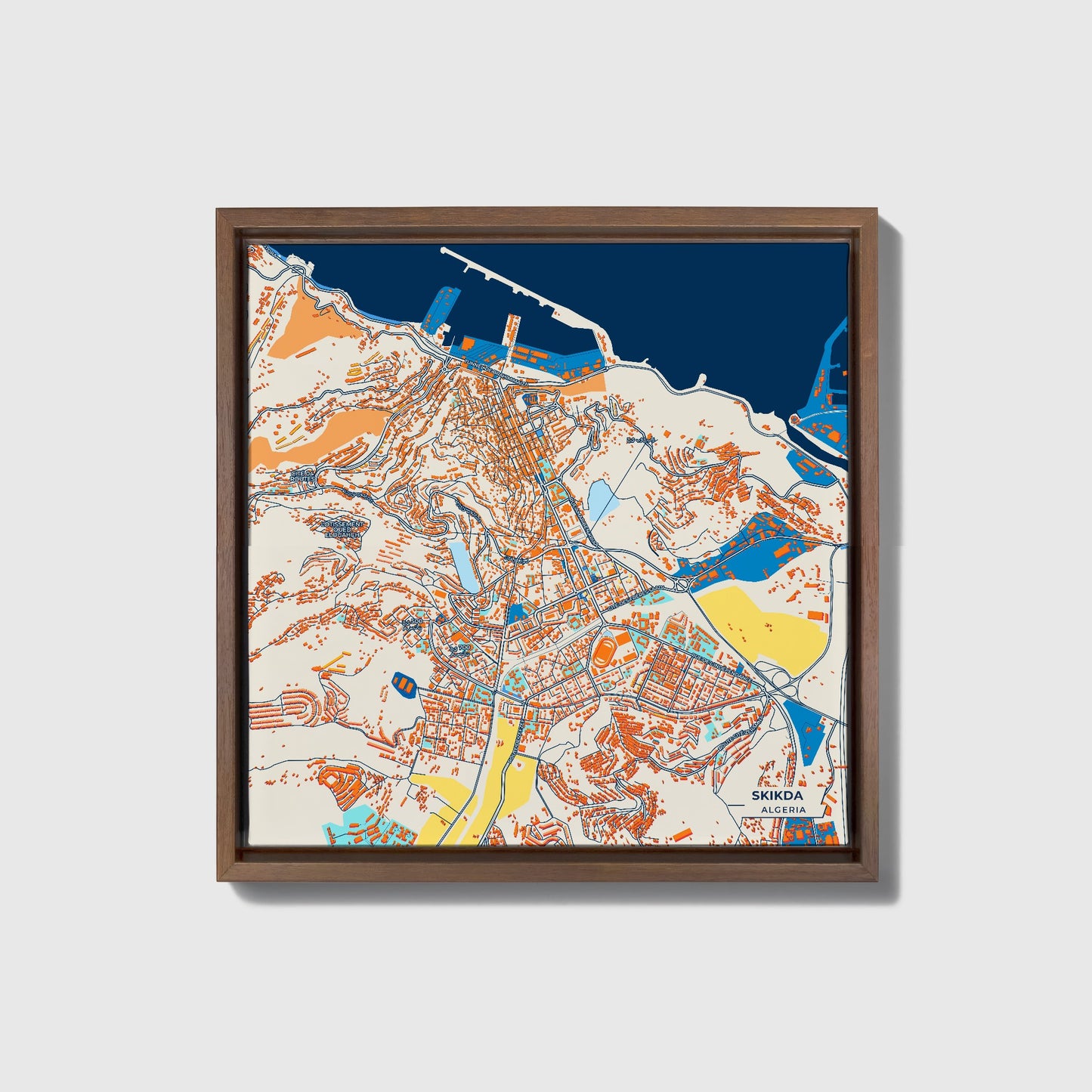 Skikda Algeria Colorful City Map Canvas Print • Dark Wooden Framed