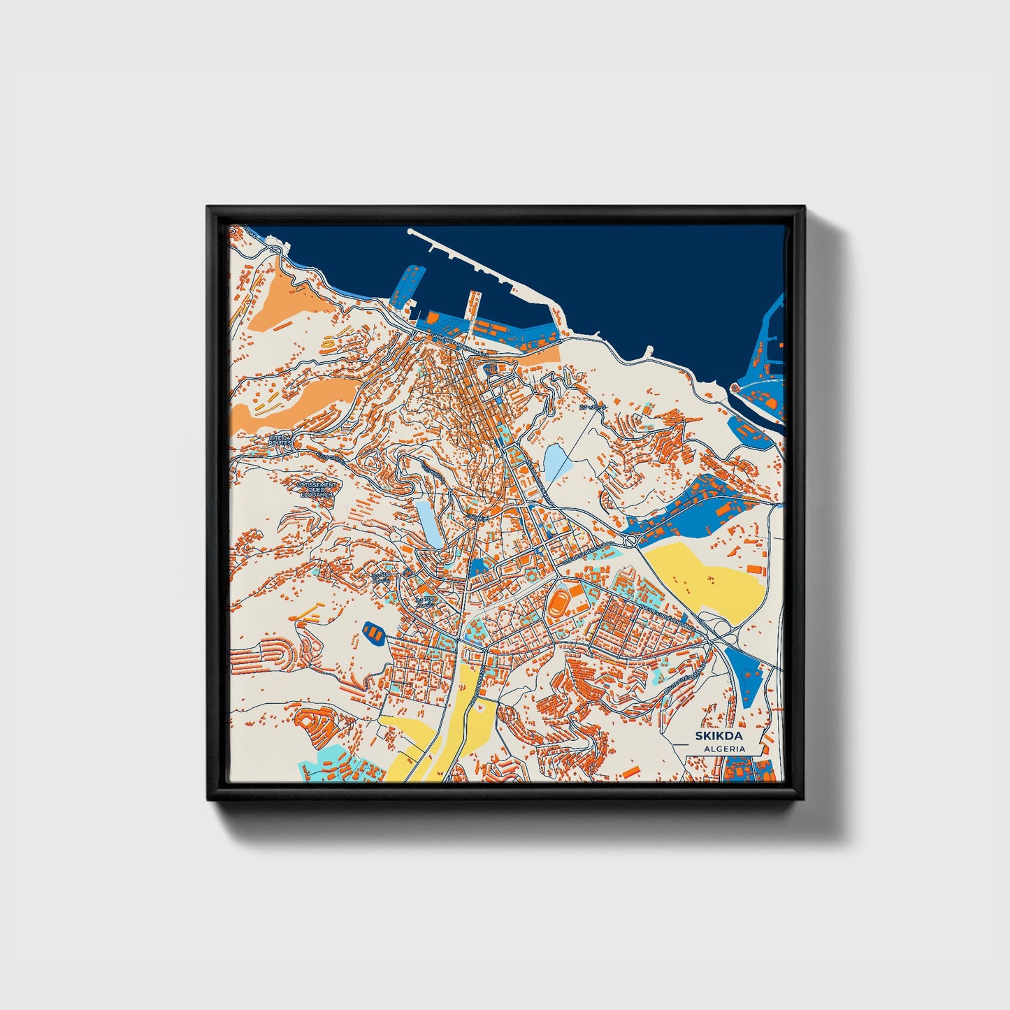 Skikda Algeria Colorful City Map Canvas Print • Black Framed