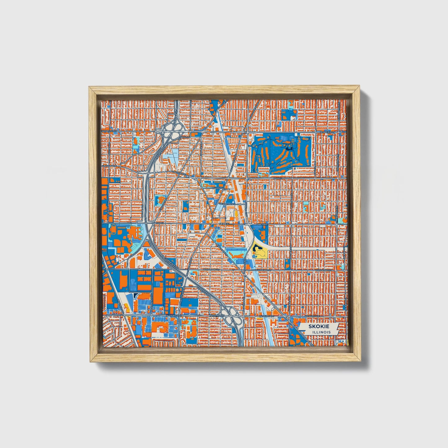 Skokie Illinois Colorful City Map Canvas Print • Natural Wooden Framed
