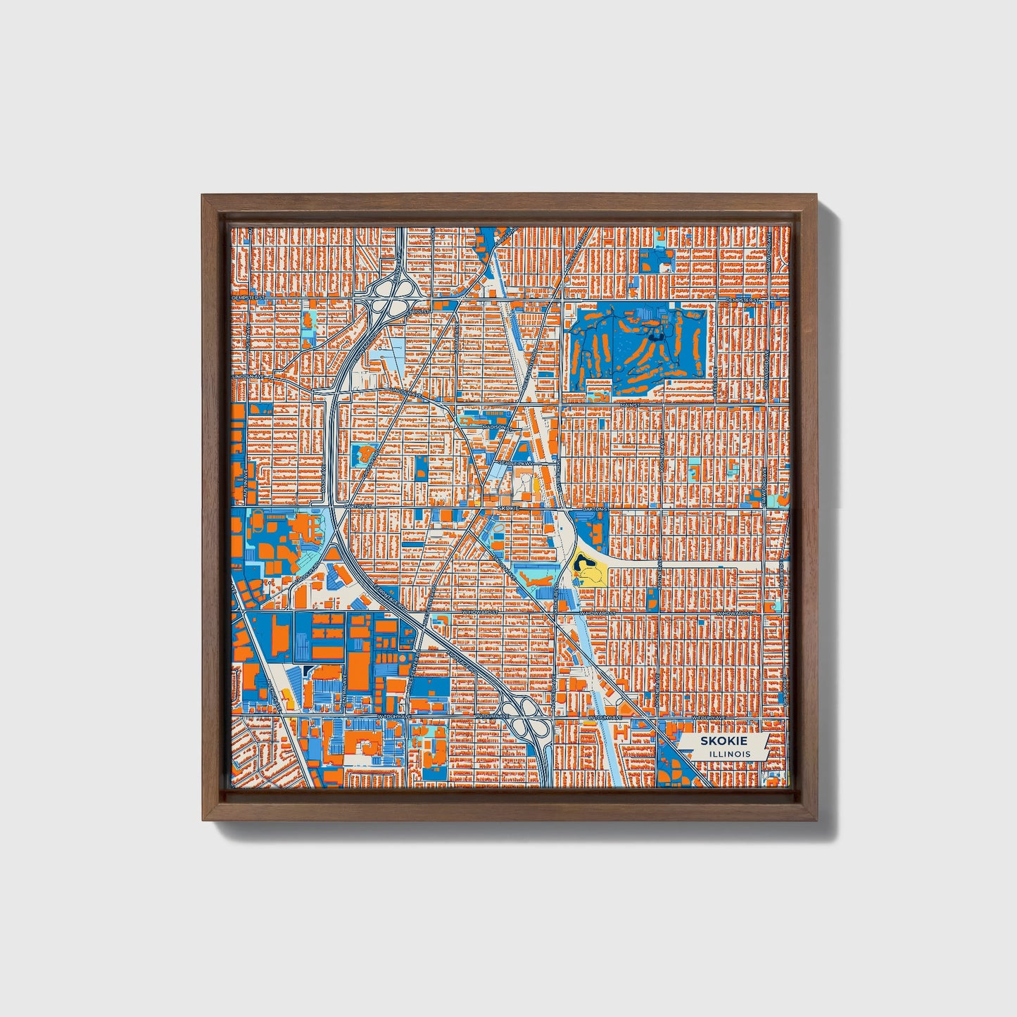Skokie Illinois Colorful City Map Canvas Print • Dark Wooden Framed