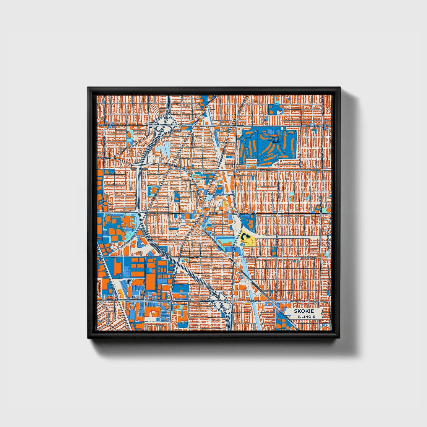 Skokie Illinois Colorful City Map Canvas Print • Black Framed
