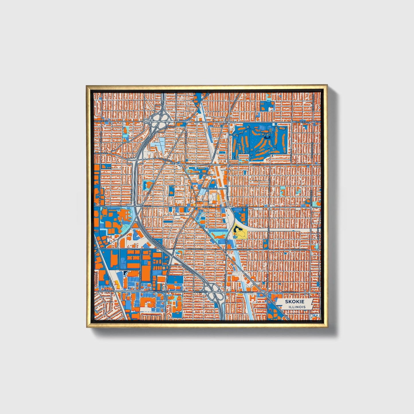 Skokie Illinois Colorful City Map Canvas Print • Gold Framed